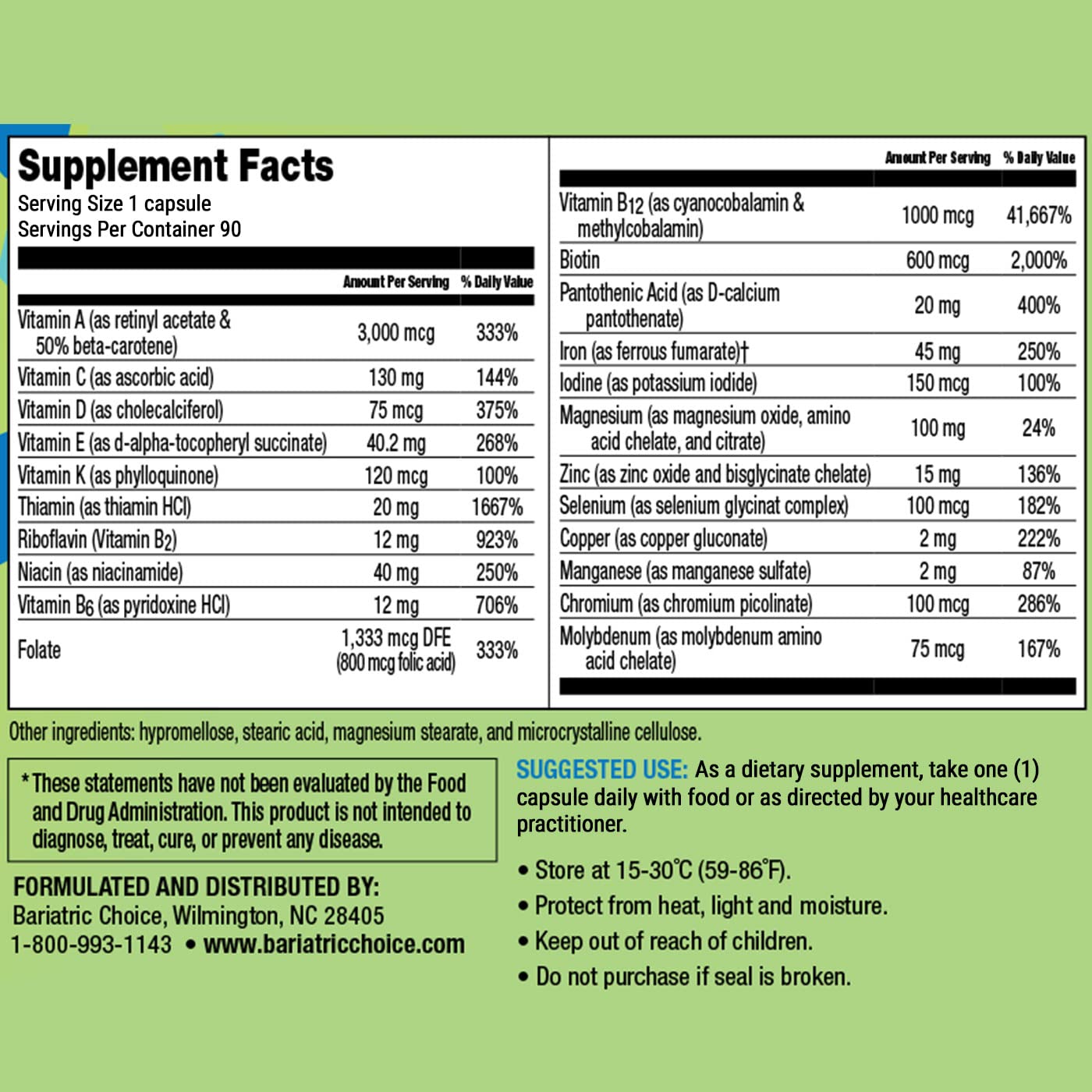 Bariatric Choice – tableau des ingrédients et nutriments détaillé.