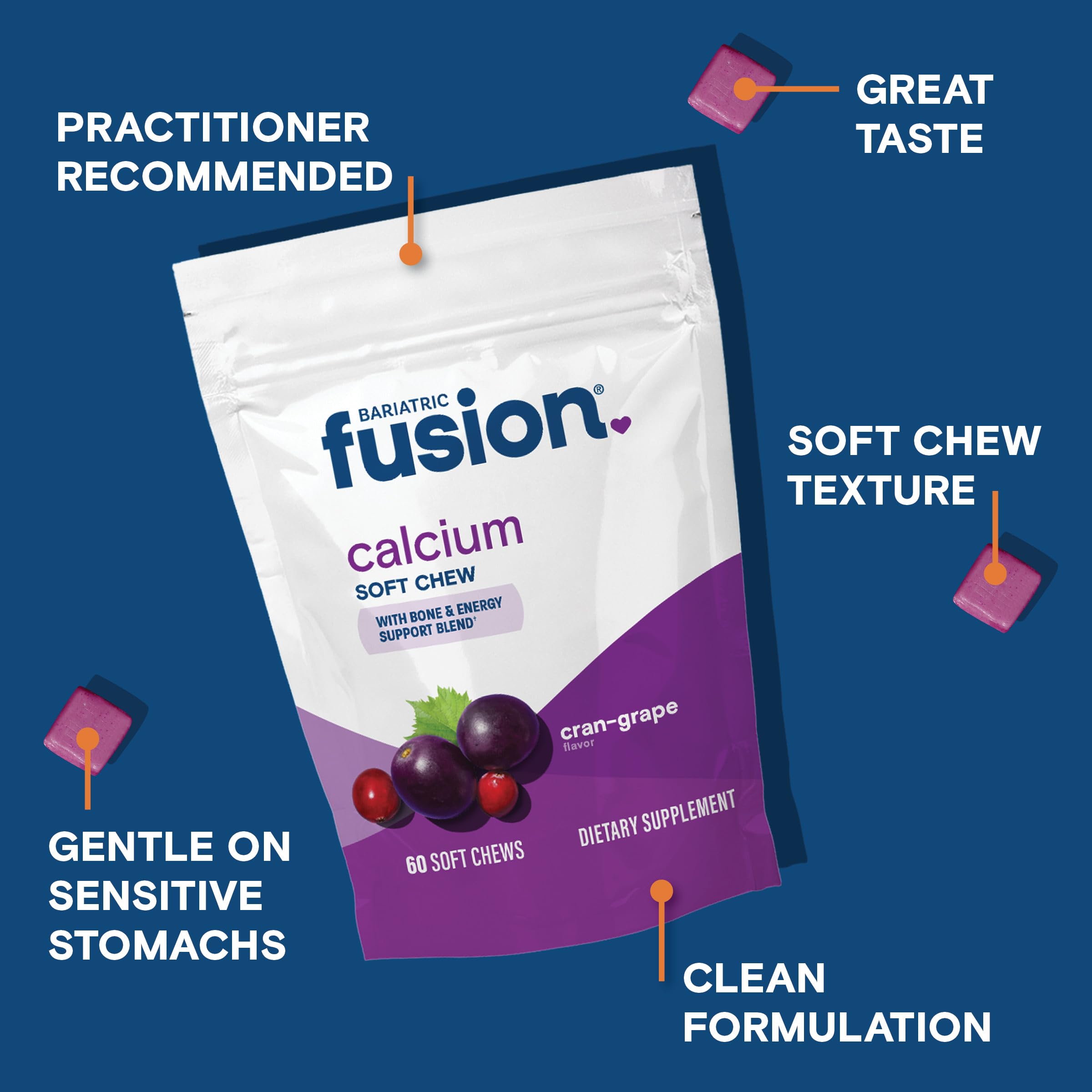 Formulation Bariatric Fusion calcium à mâcher canneberge-raisin: absorption optimisée.