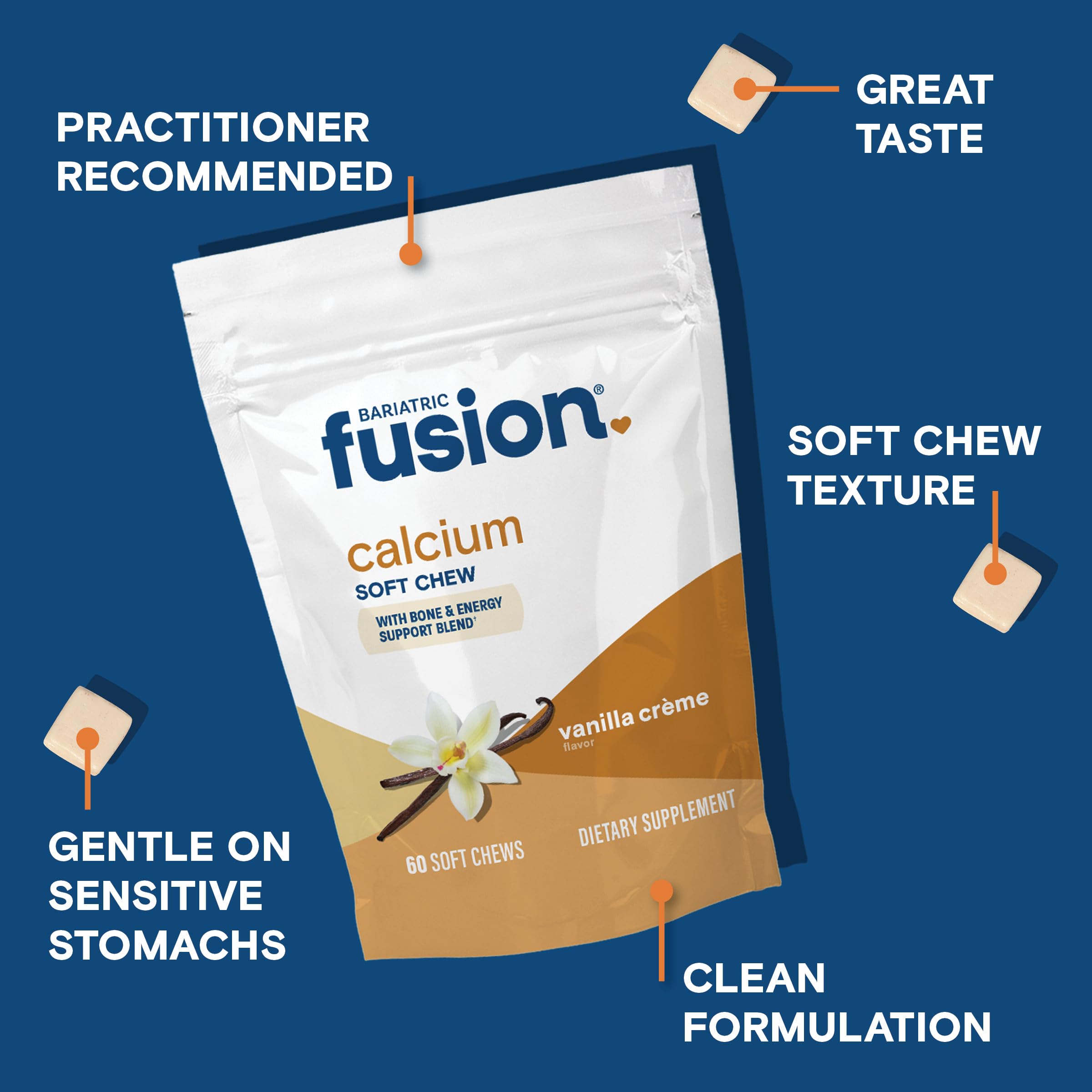 Gommes Bariatric Fusion Calcium vanille au goût agréable et arôme vanille.
