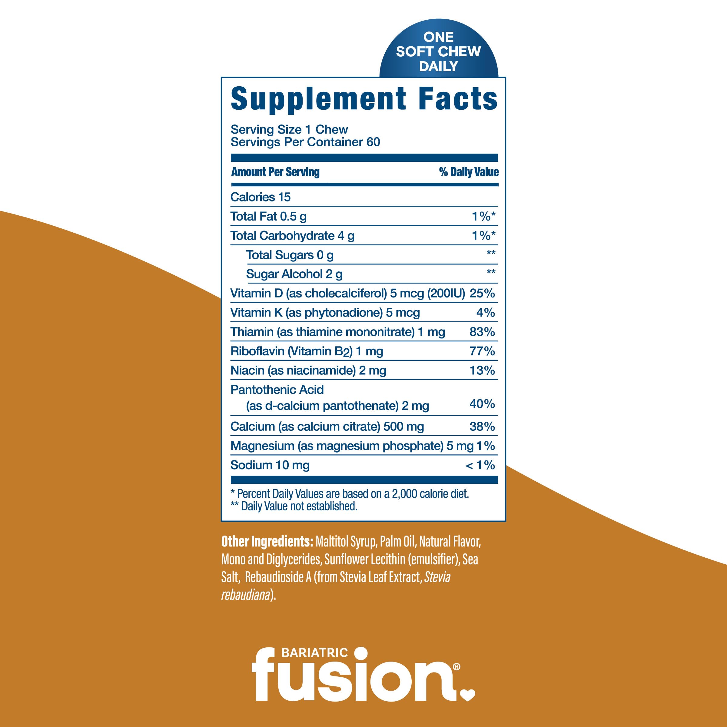 Étiquette Bariatric Fusion Calcium vanille indiquant vitamine D3 et minéraux.