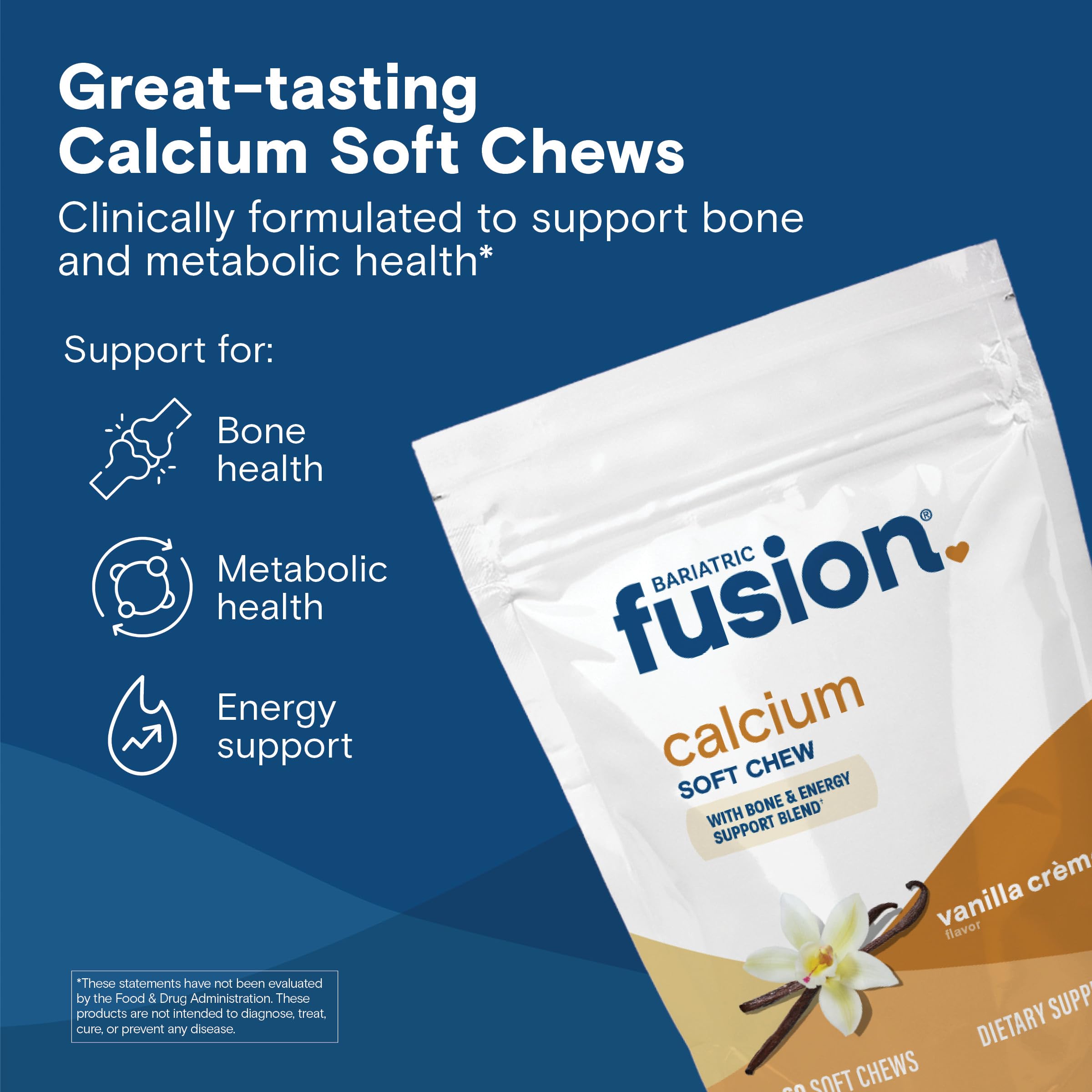 Texture douce des gommes Bariatric Fusion Calcium vanille pour un apport quotidien.