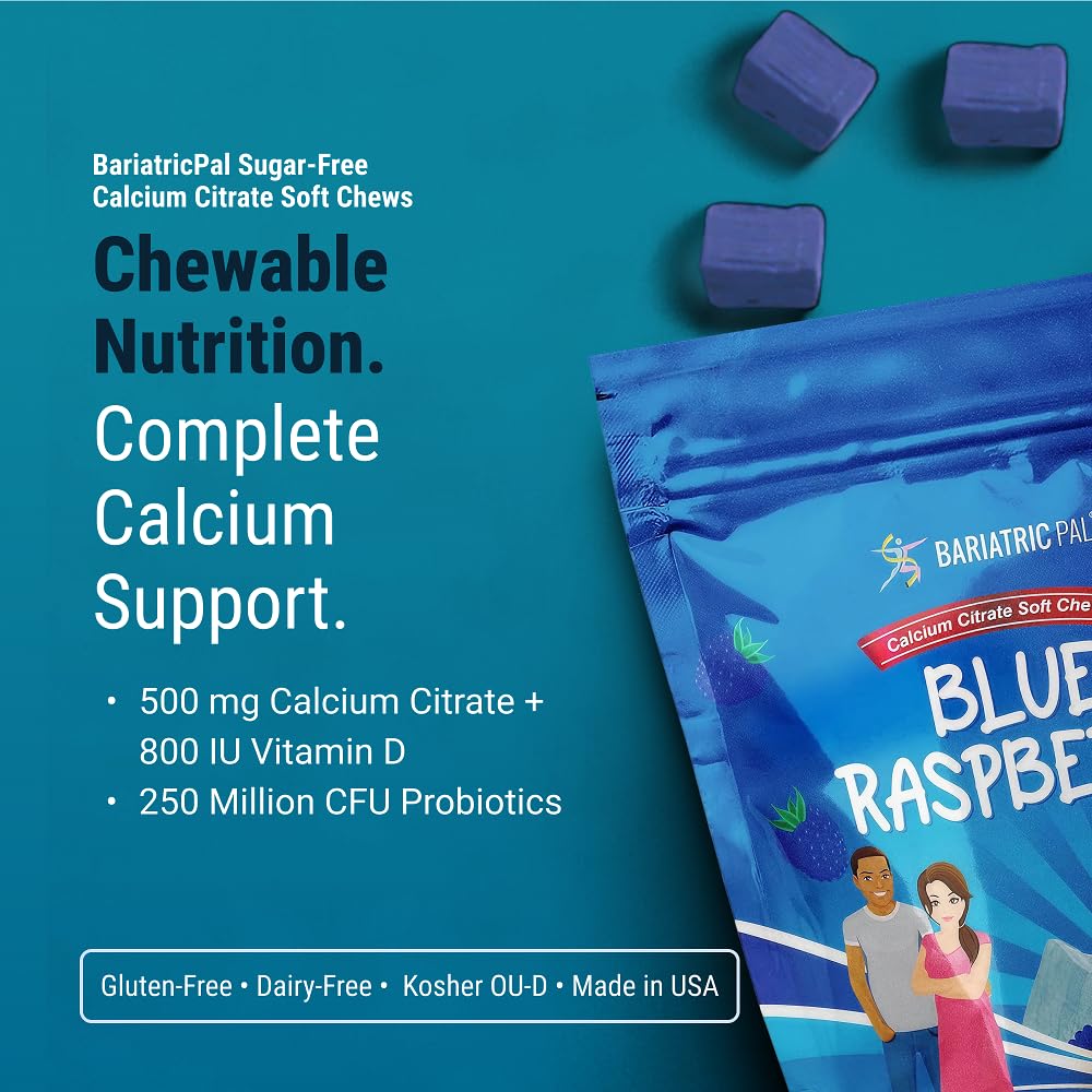 BariatricPal – gommes calcium citrate 500 mg saveur framboise bleue, goût agréable.