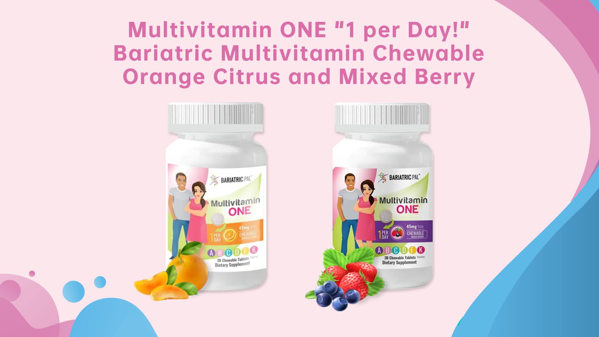 Étiquette BariatricPal ONE montrant les apports journaliers pour 20 vitamines et minéraux.