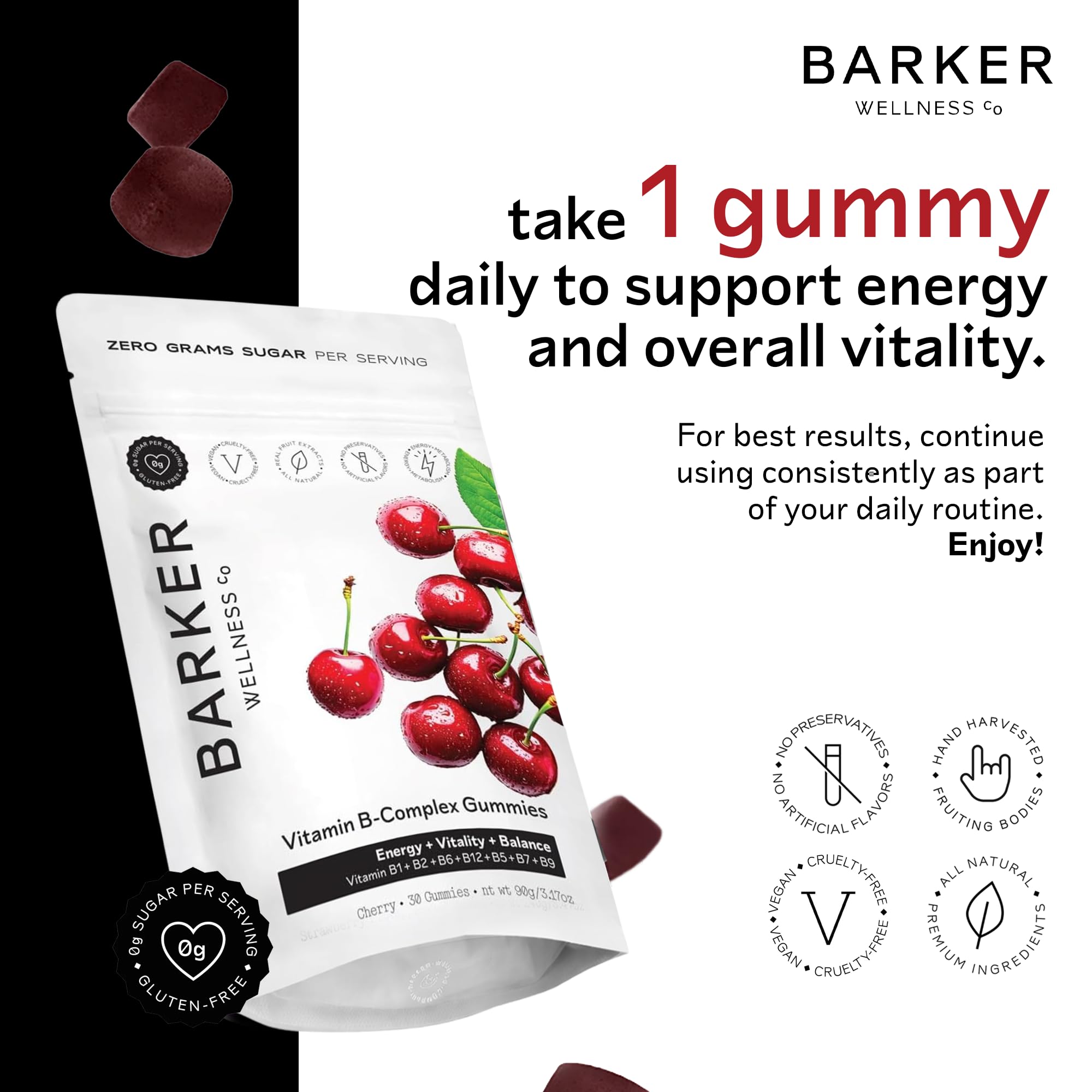 Gommes cerise Barker Wellness Co B-Complex, goût fruité sans sucre pour énergie naturelle.
