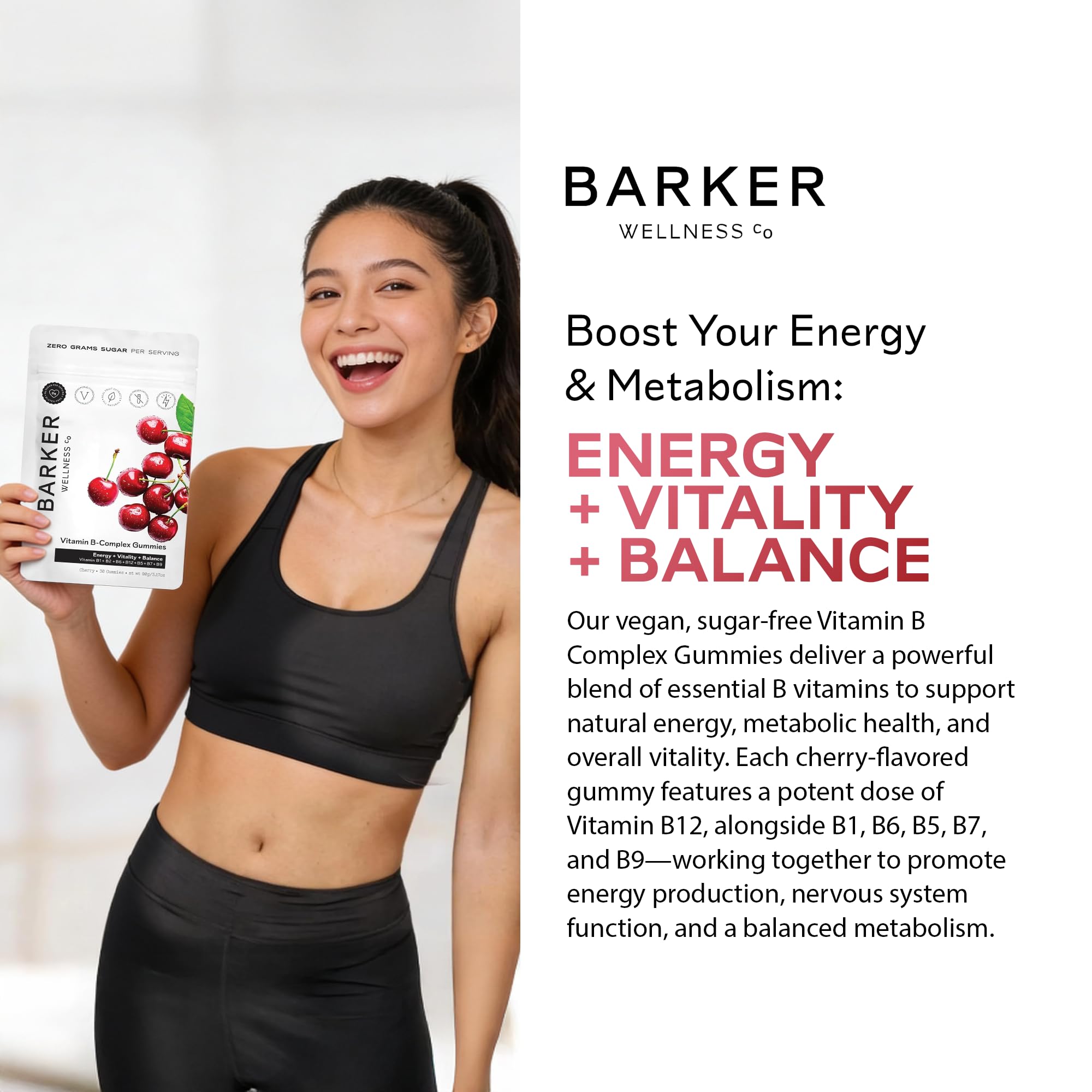 Ingrédients Barker Wellness Co B-Complex cerise, soutien des vitamines B essentielles.