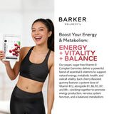 Ingrédients Barker Wellness Co B-Complex cerise, soutien des vitamines B essentielles.