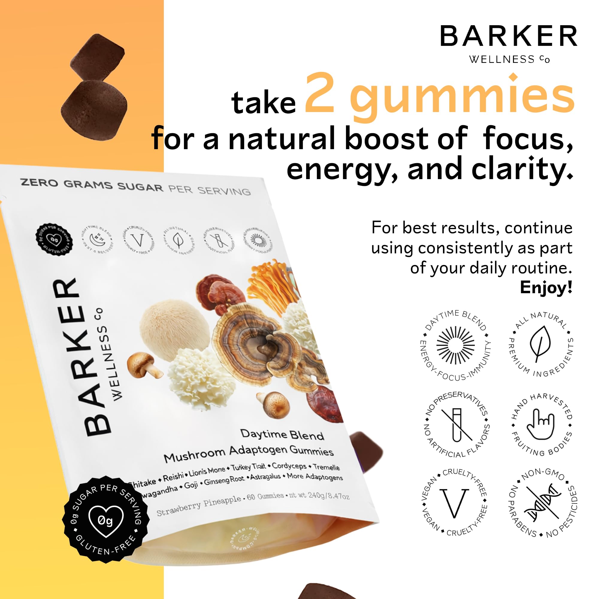 Gomme Barker Wellness Co Cordyceps sur flacon, soutien à la vitalité potentielle.