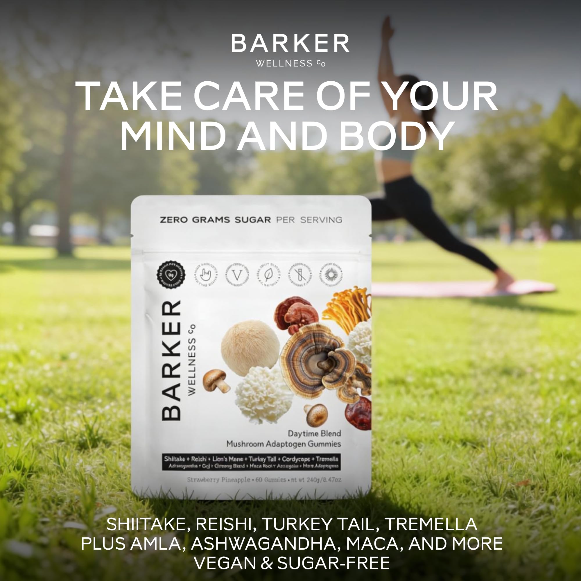 Gomme Barker Wellness Co Reishi sur flacon, sensation de bien‑être général.