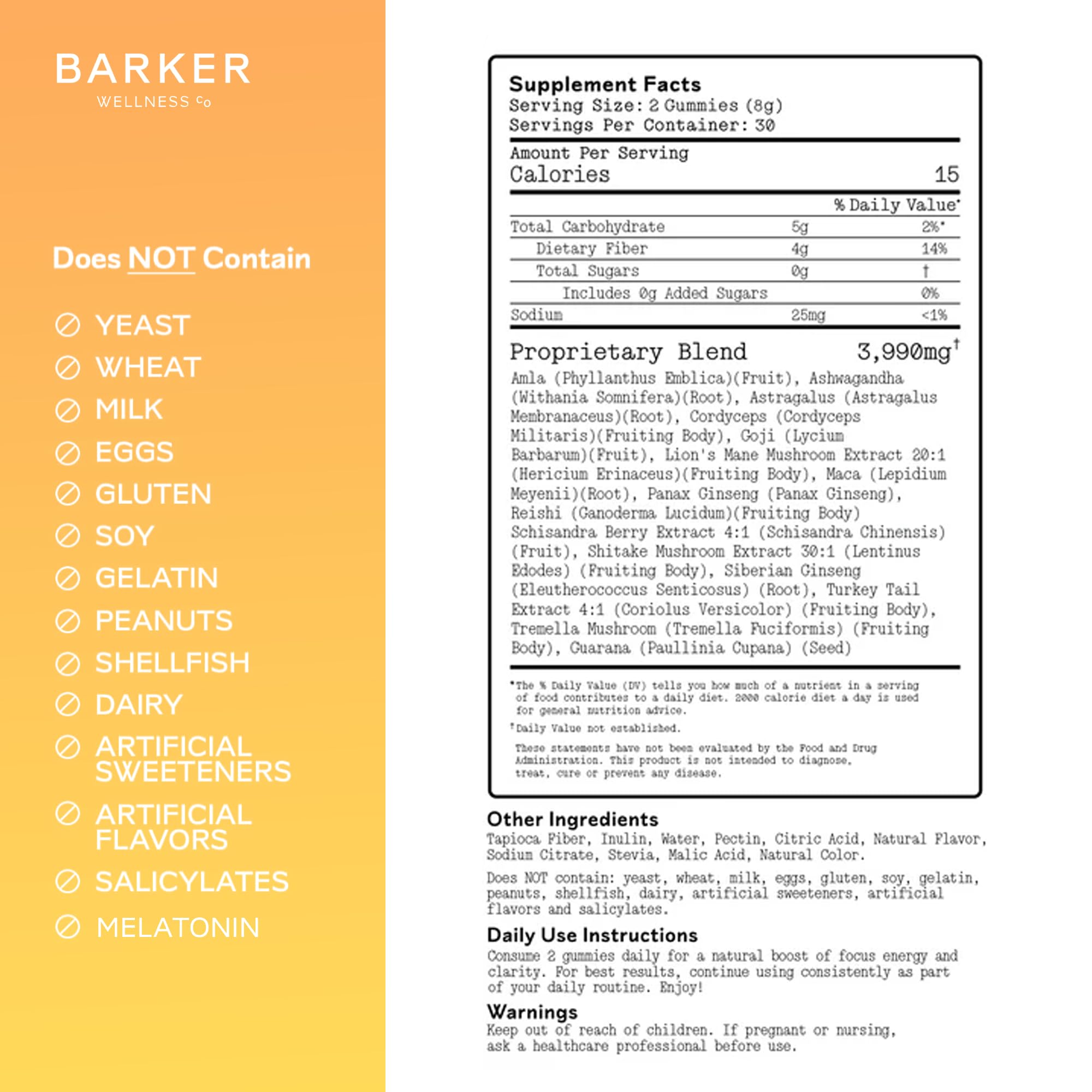 Gomme Barker Wellness Co Shiitake sur flacon, goût agréable et routine.