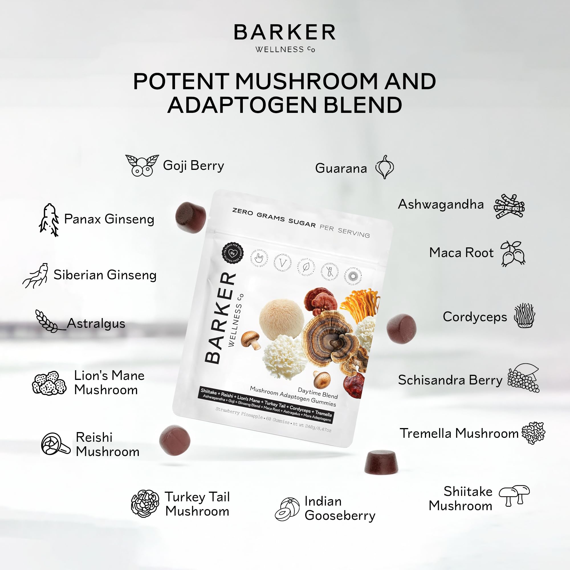 Gomme Barker Wellness Co Fraise-Ananas, goût fruité, routine quotidienne agréable.
