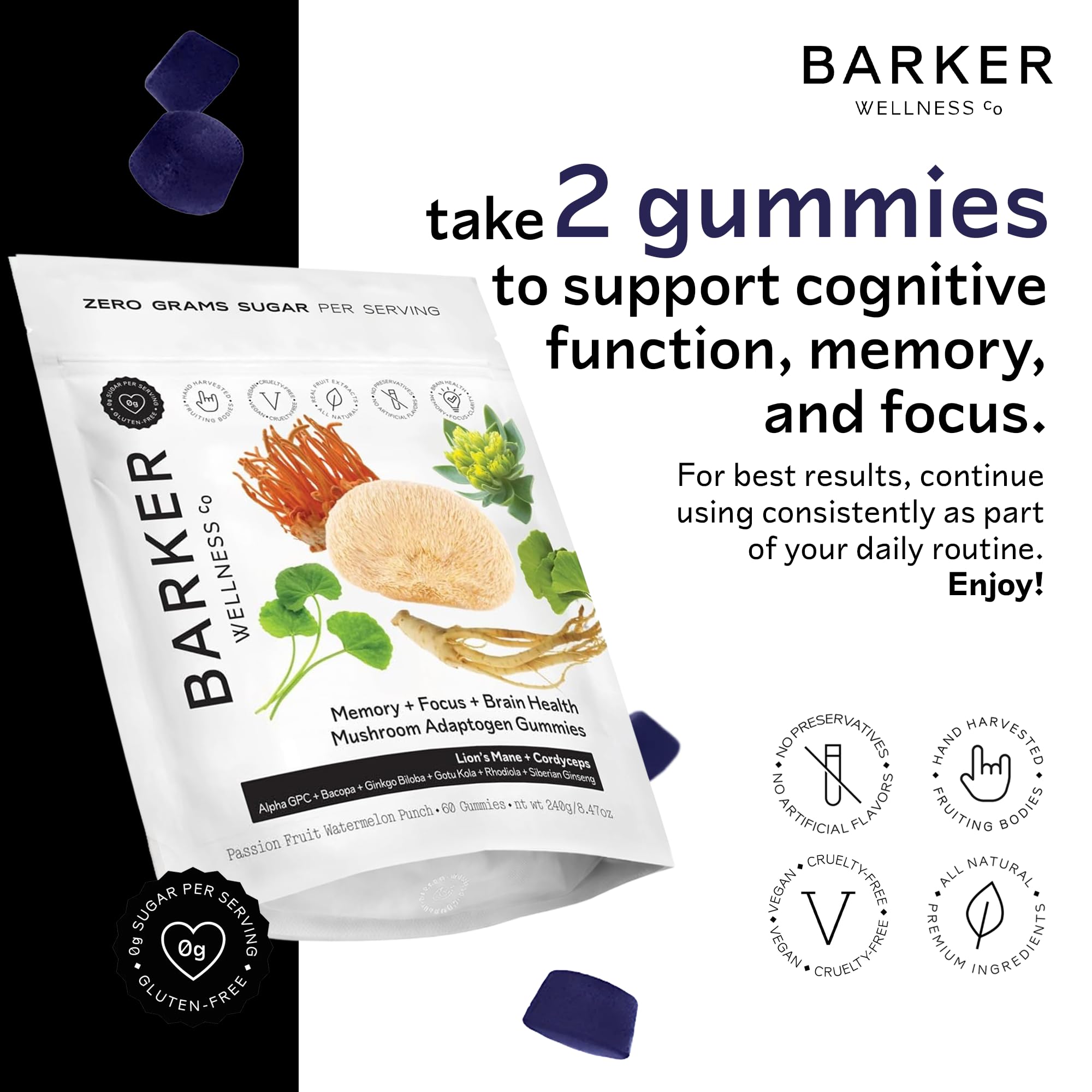 Gommes Barker Wellness, mélange cognitif pour concentration mentale et clarté.