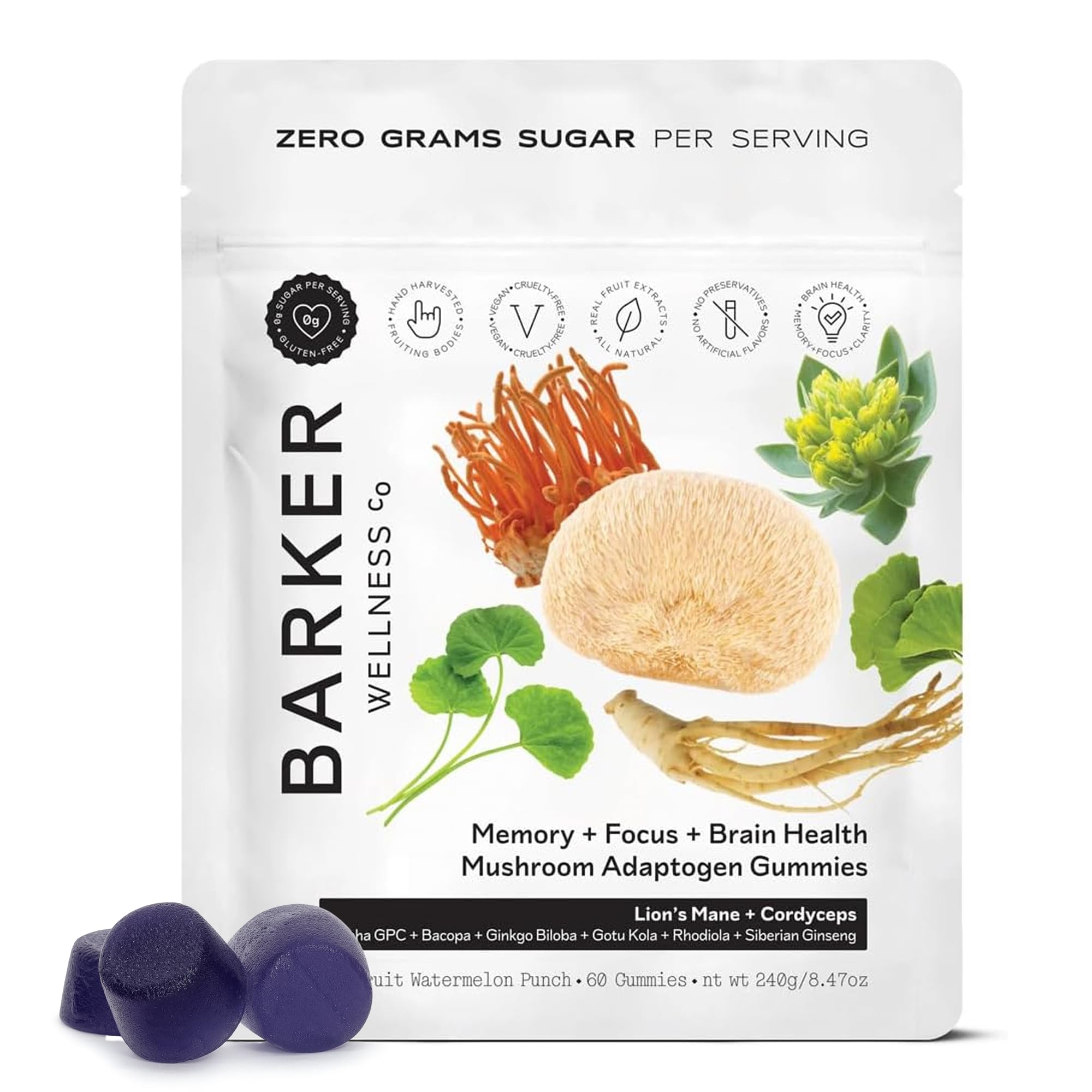 Gommes Barker Wellness pour mémoire et concentration, format bouteille pratique.