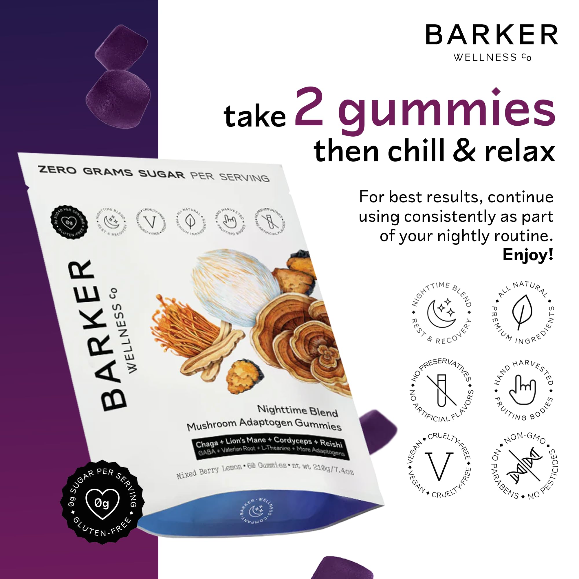Gommes Barker Wellness nocturnes : bouteille ouverte, texture douce, favorisant le sommeil.