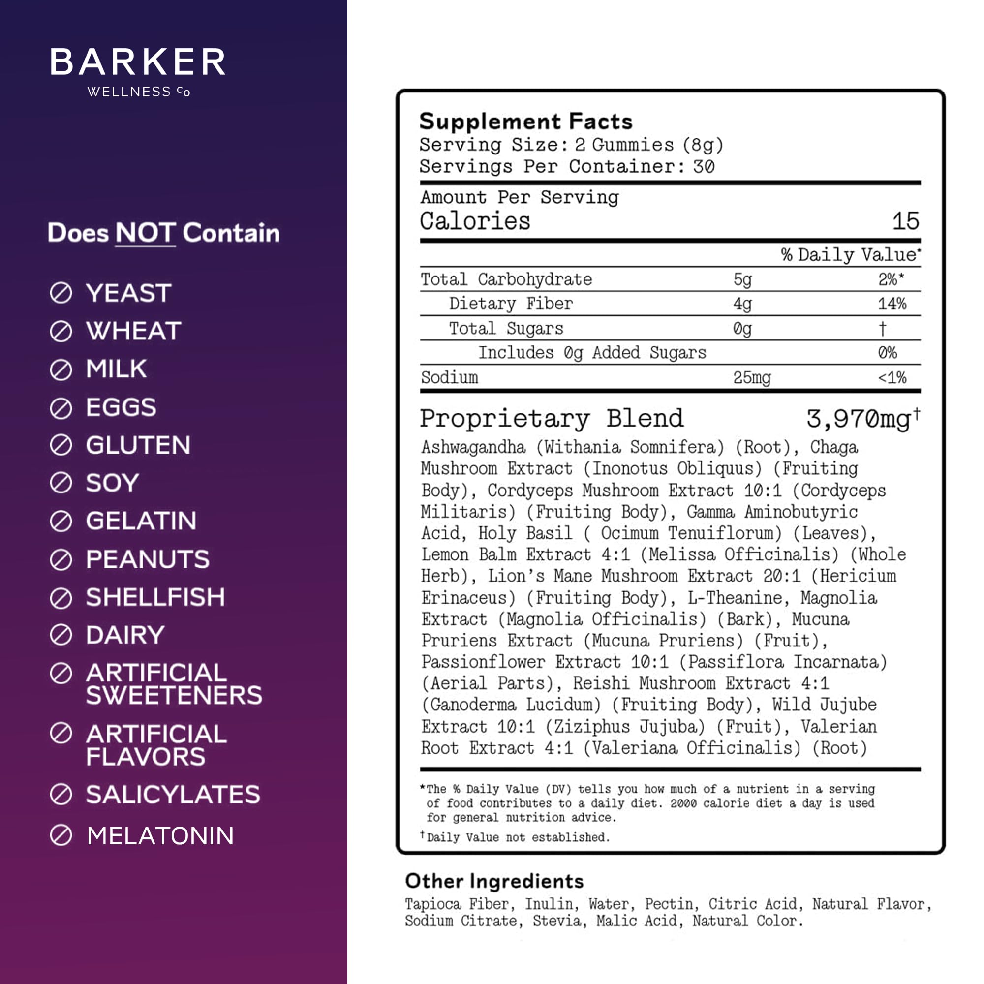 Gommes Barker Wellness Nocturnes, étiquette détaillée, bénéfices relaxants possibles.