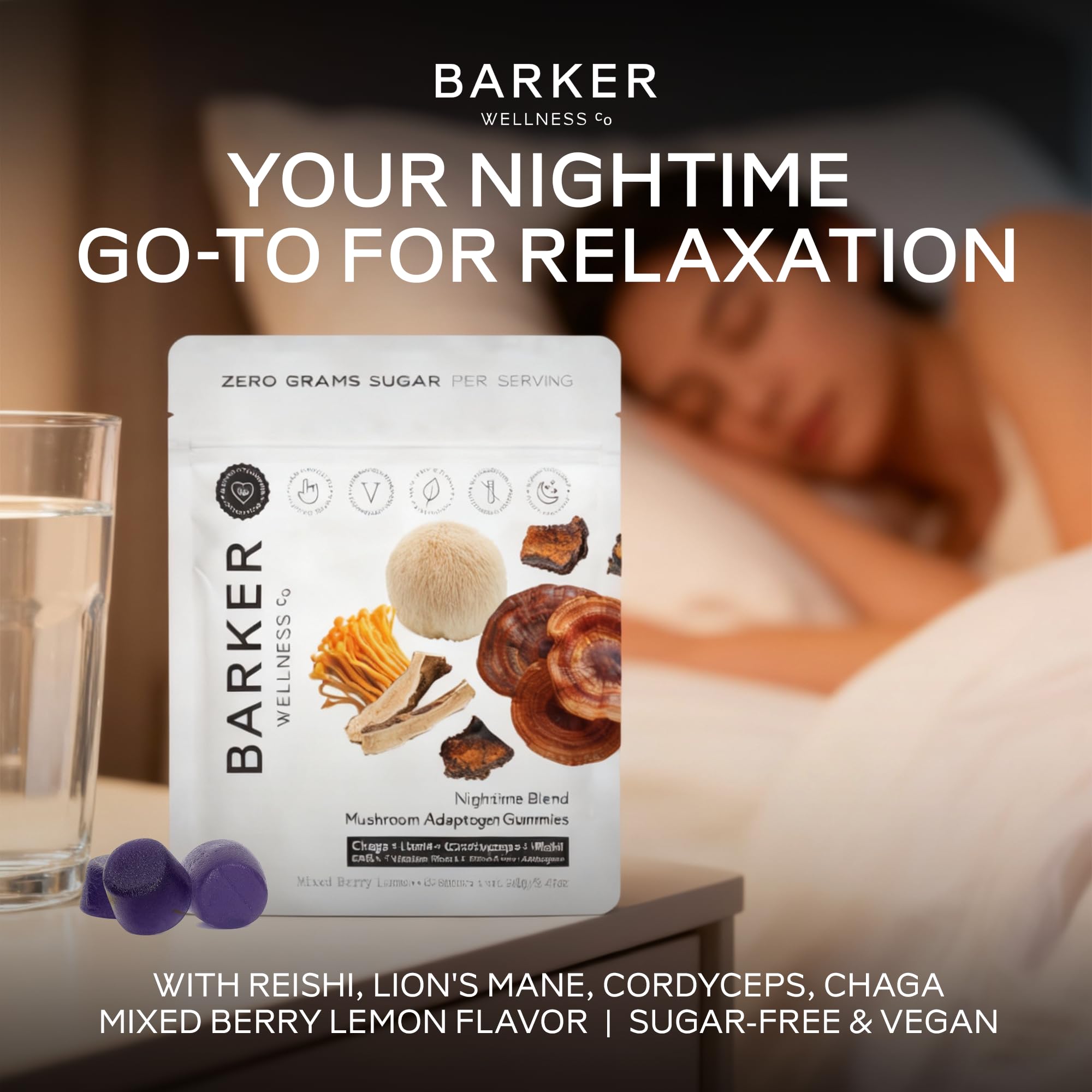 Gommes nocturnes Barker Wellness, panel ingrédients présentant les champignons et actifs.