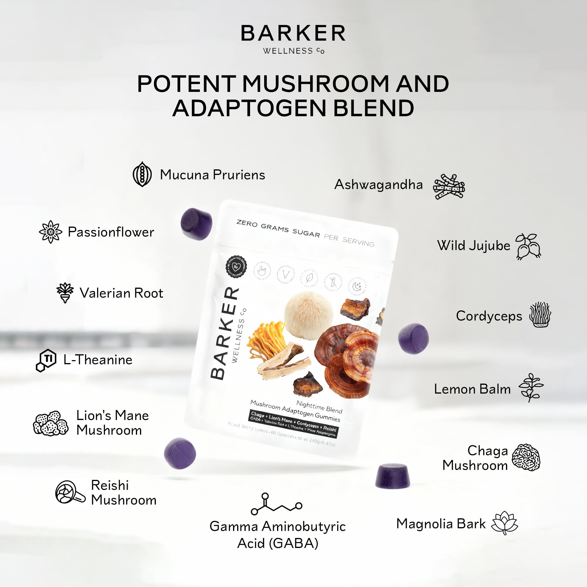 Gommes adaptées végétales Barker Wellness, flacon posé sur table de nuit, ritualisation du repos.