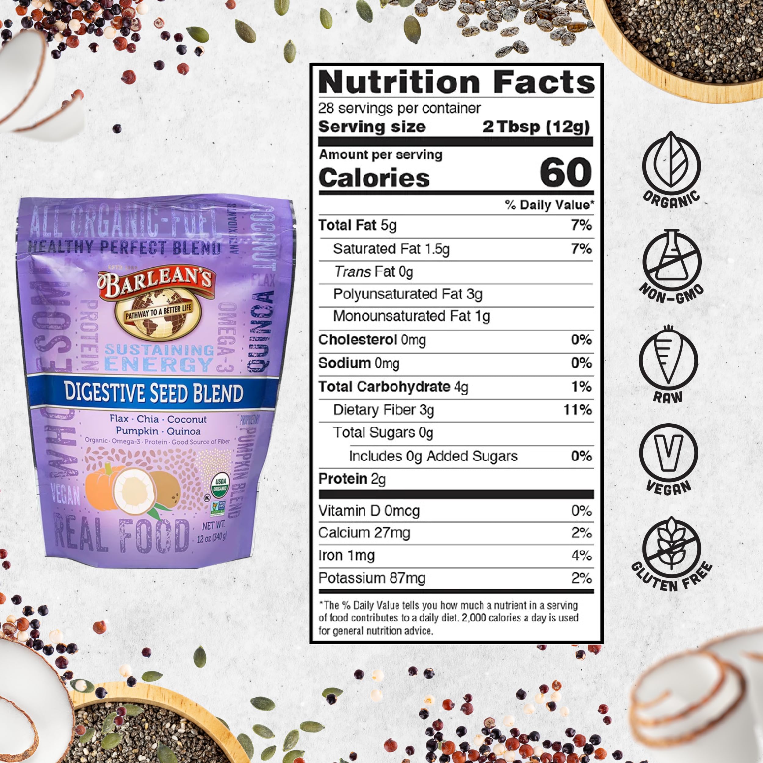 Smoothie nutritif avec Barlean's Digestive Seed Blend, mélange facile à intégrer.