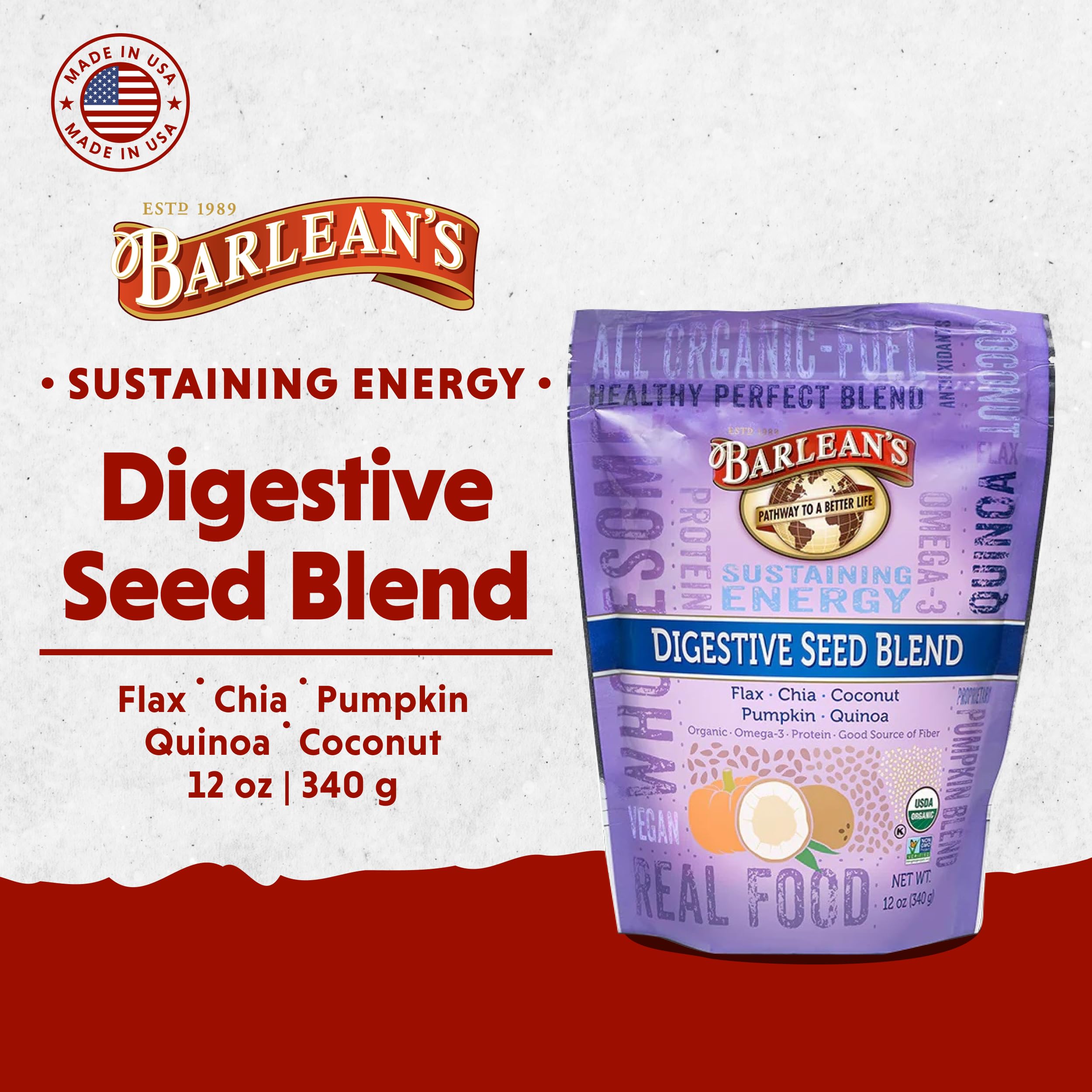 Texture-graines Barlean's Digestive Seed Blend pour smoothies riches en fibres.