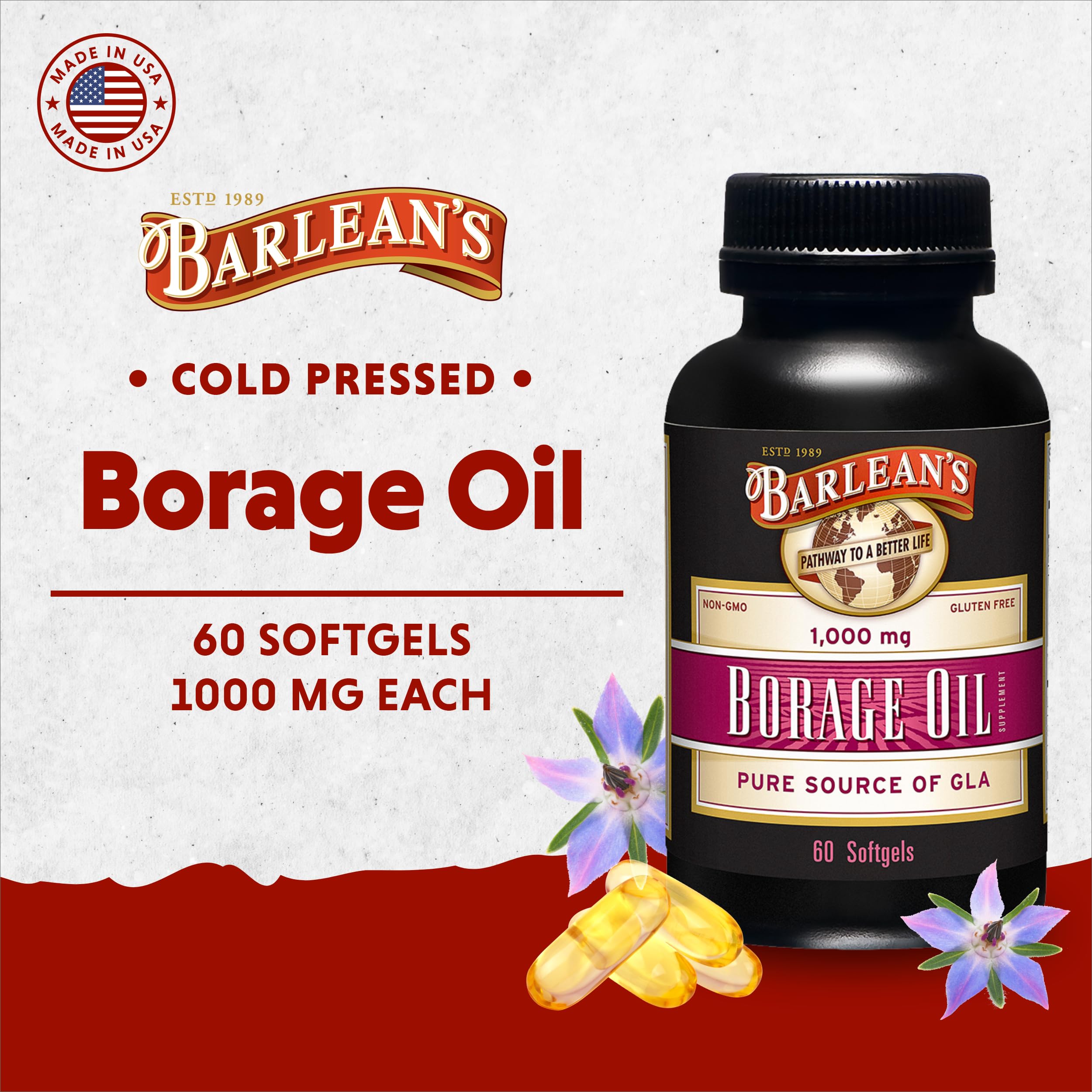 Softgels Barlean's bourrache, gros plan, soutien potentiel de la peau