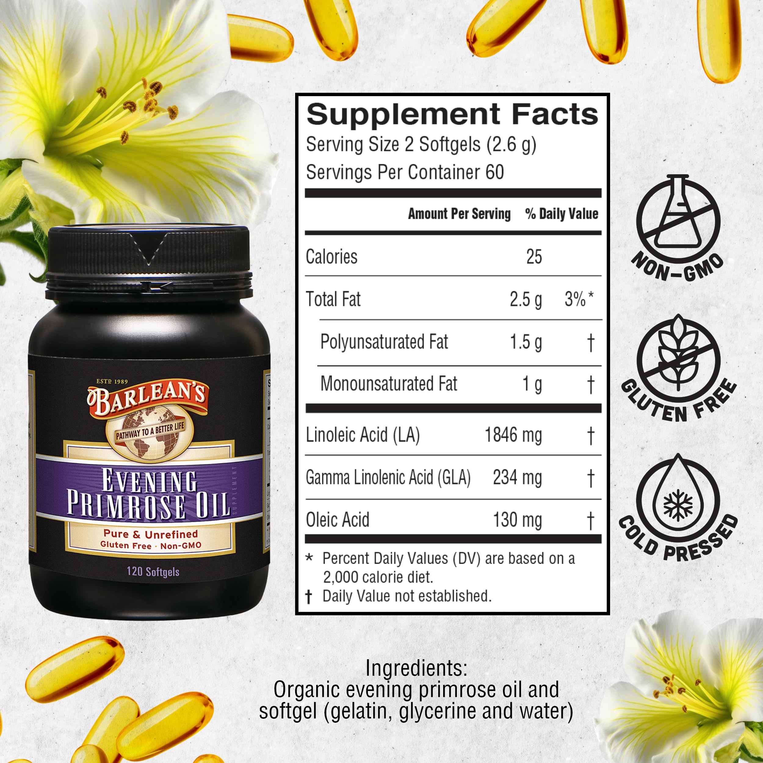 Barlean's huile d'onagre — produit sans gluten et sans OGM, assurant traçabilité.