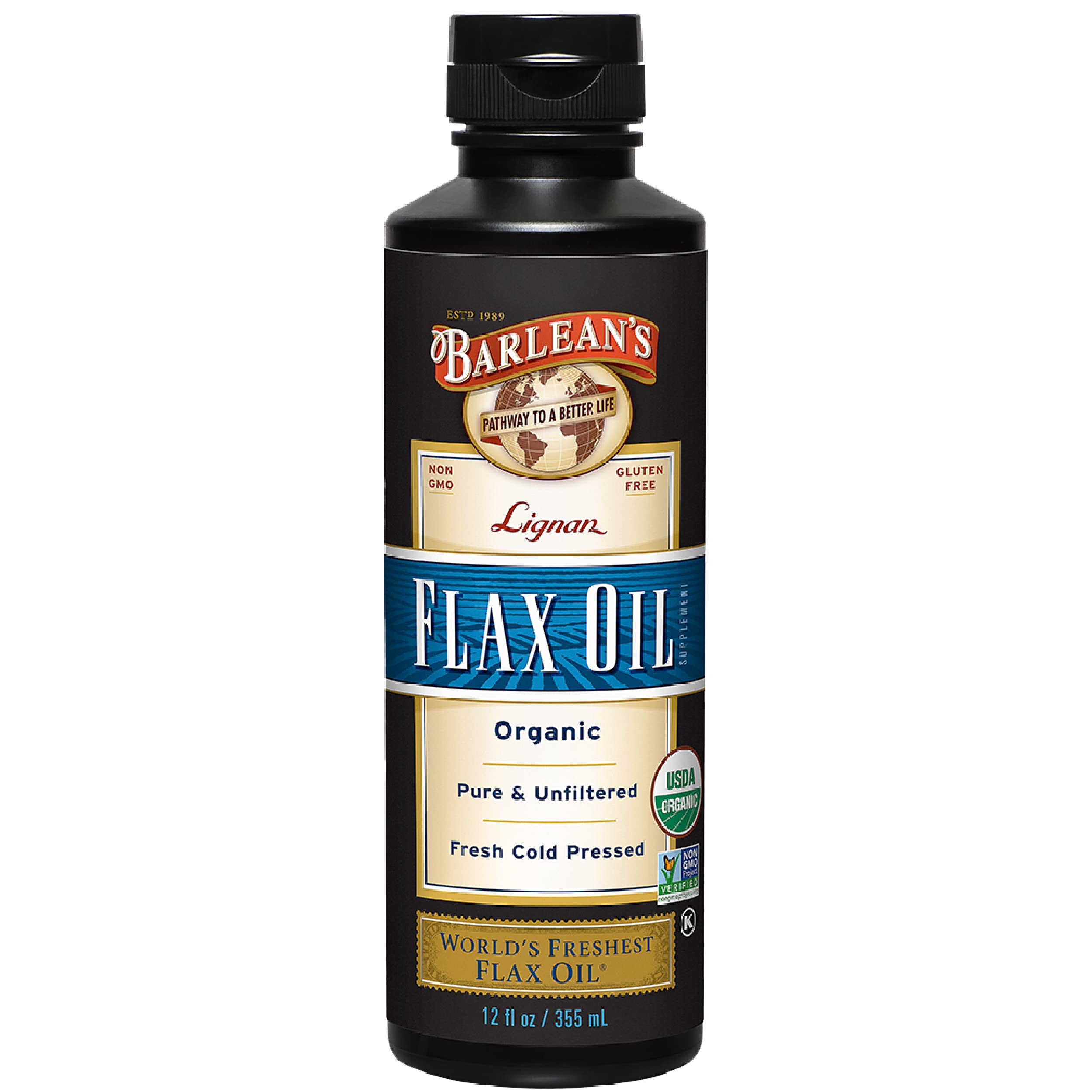 Barlean's huile de lin en bouteille verre 355 ml, riche en ALA pour cheveux et peau.