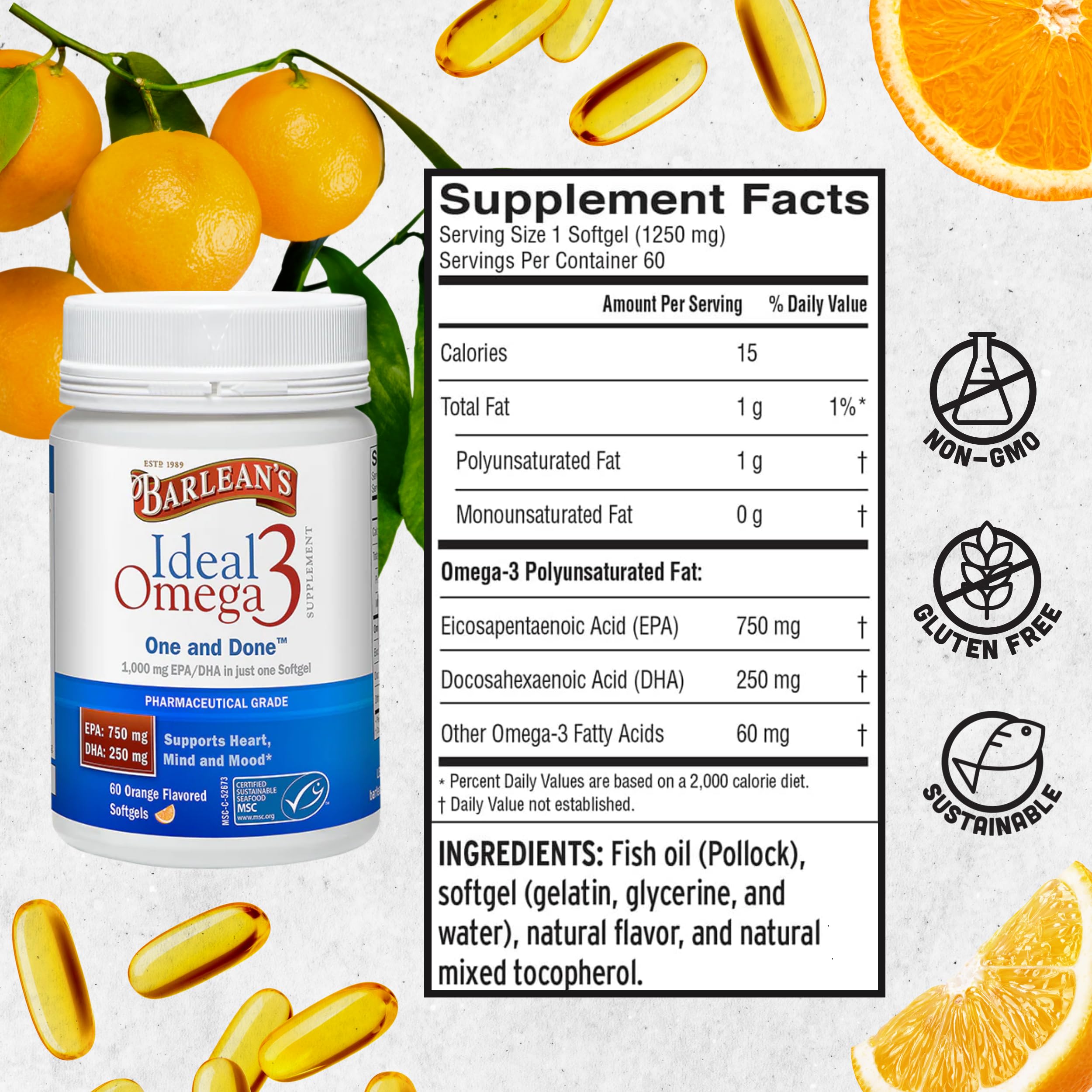 Capacité et emballage Barlean's Ideal Omega 3 60 gélules prêt à l’emploi.