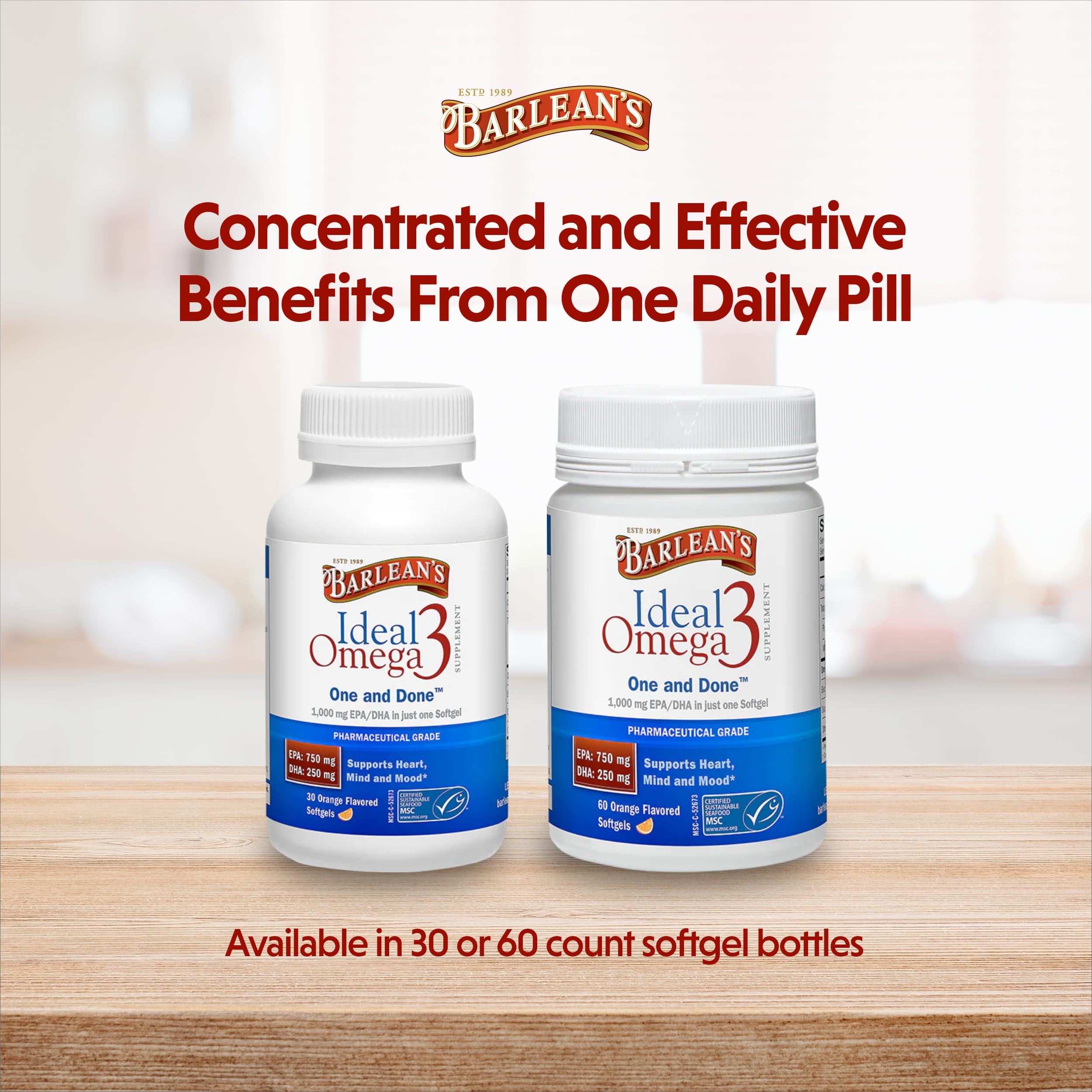 Emballe Barlean's Ideal Omega 3 et étiquette durable sur table.