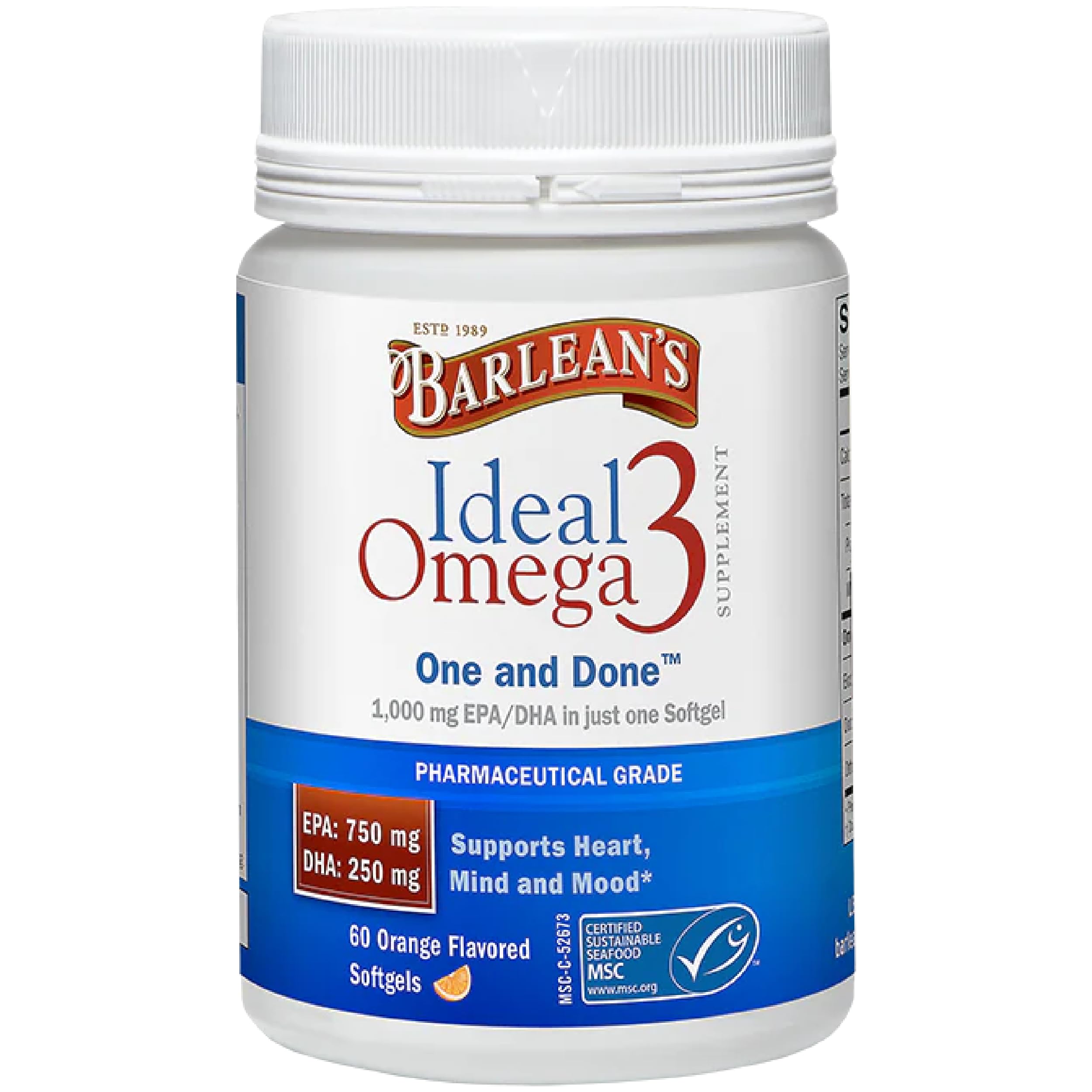 Barlean's Ideal Omega 3 gélules orange en bouteille, soutien potentiel du cœur et du cerveau.