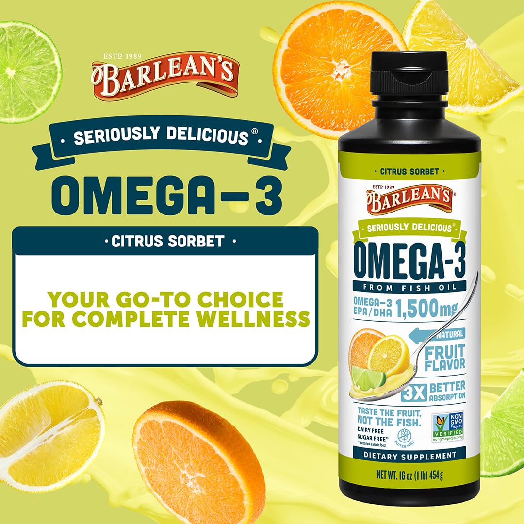 Étiquette Barlean's Oméga-3 avec informations claires et avantages.