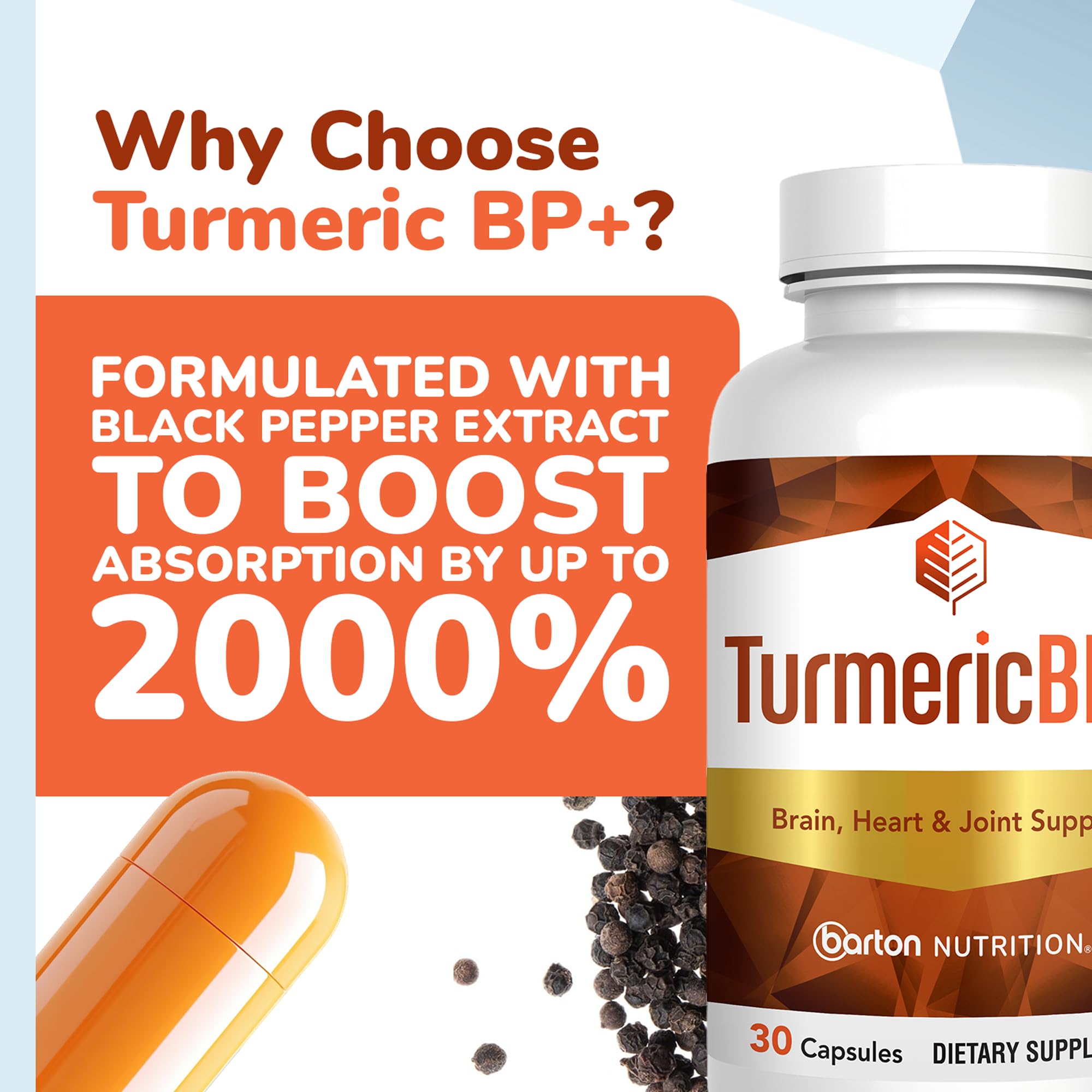 BioPerine poivre noir TurmericBP+ : absorption renforcée et biodisponibilité améliorée.
