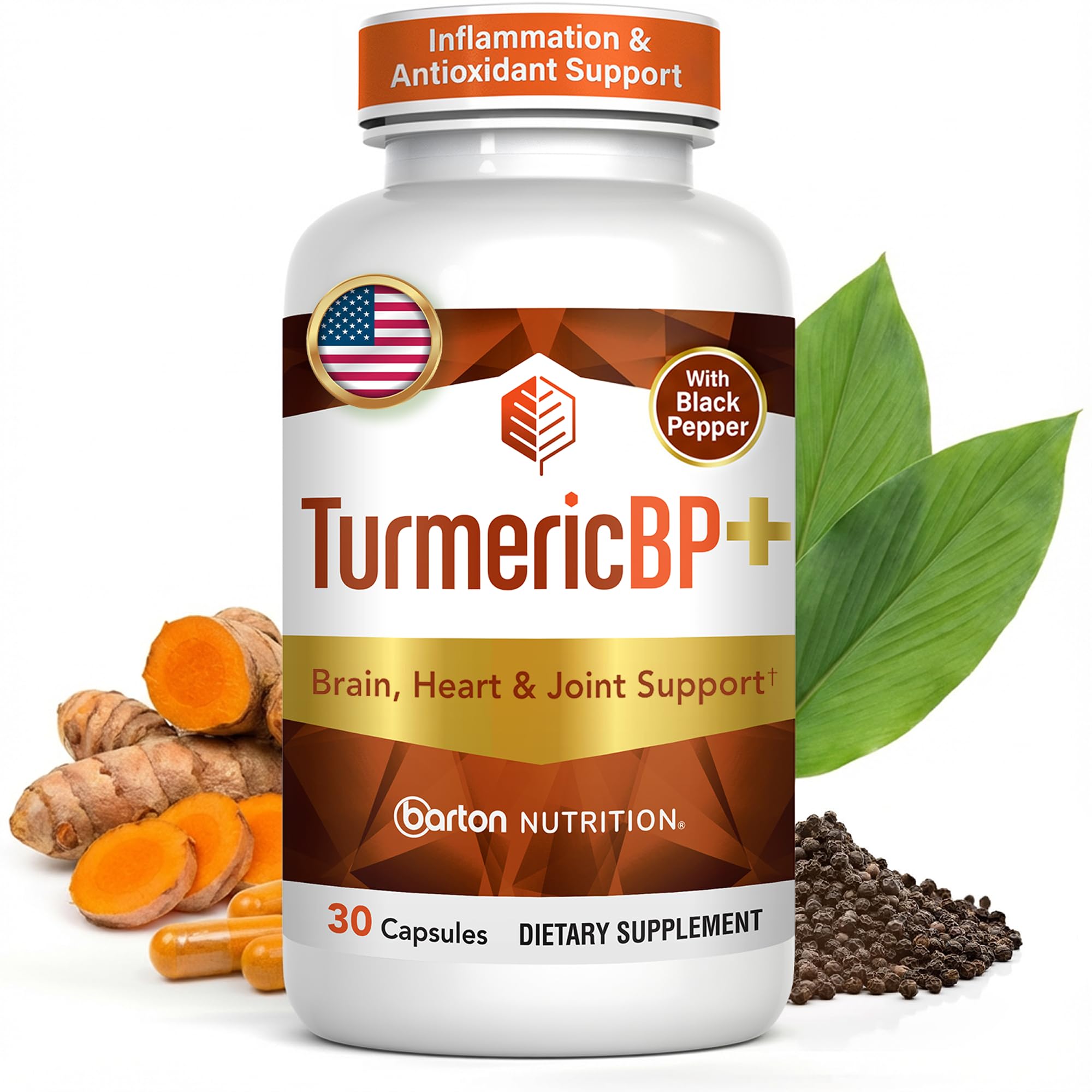 TurmericBP+ Barton Nutrition, bouteille-capsules : soutien potentiel à une inflammation normale et confort articulaire.