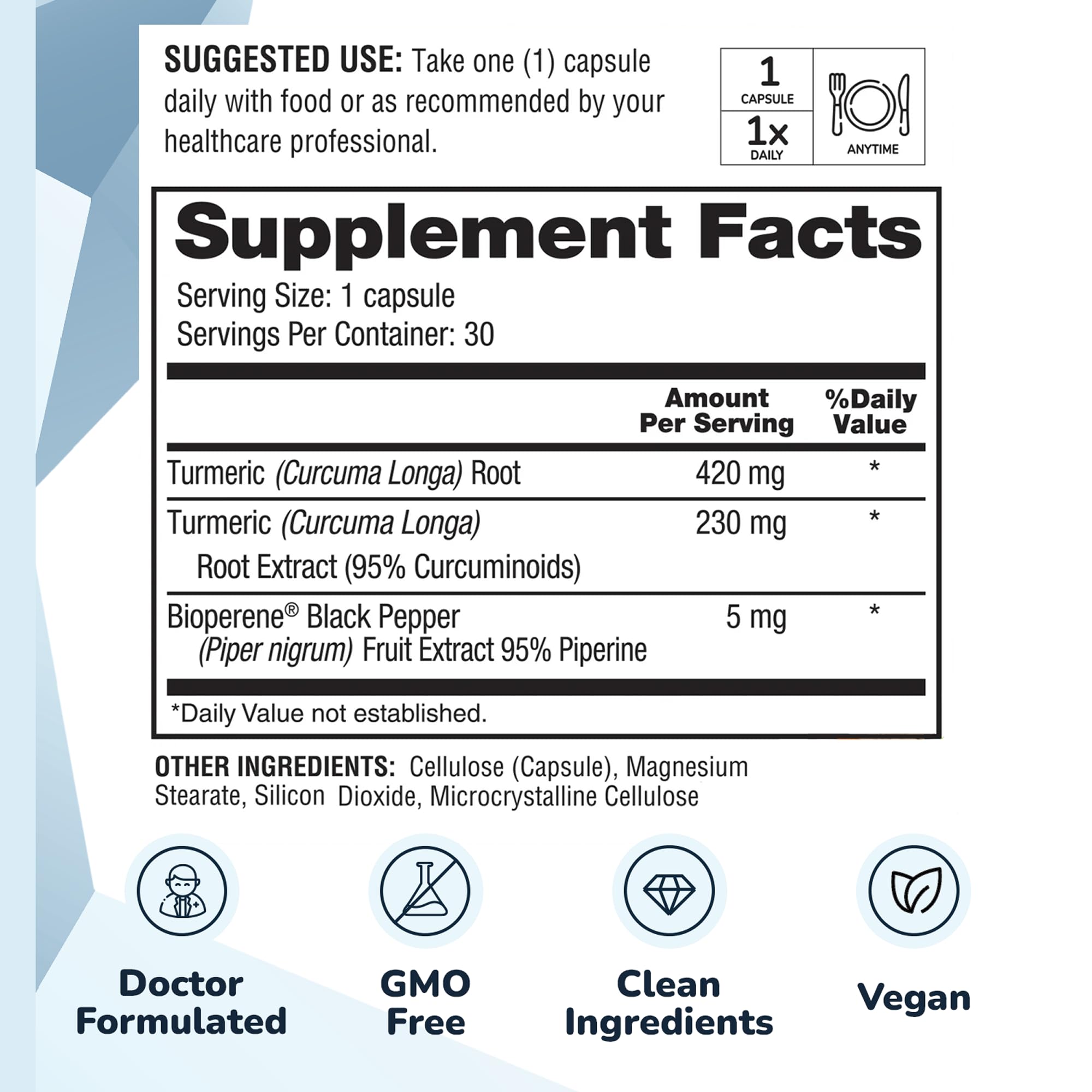 Ingrédients TurmericBP+ : extrait concentré de curcuma et standardisation.