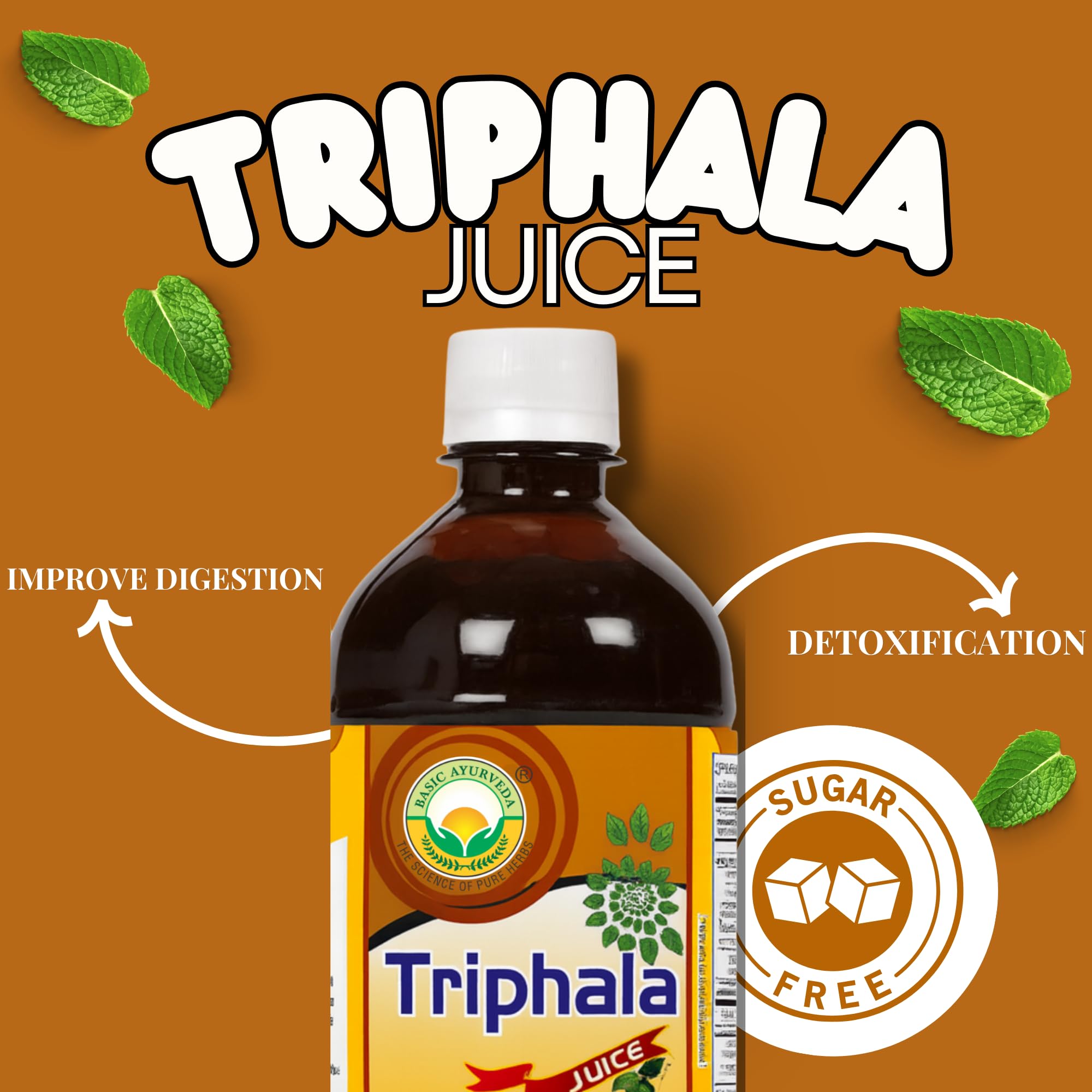 Basic Ayurveda Triphala Juice: ingrédients amla, haritaki et bibhitaki illustrés sur l'étiquette.