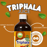 Basic Ayurveda Triphala Juice: ingrédients amla, haritaki et bibhitaki illustrés sur l'étiquette.