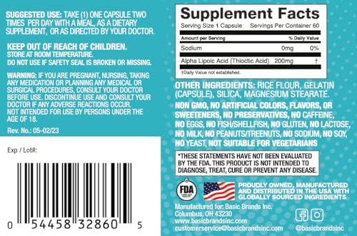 Basic Brands Alpha Lipoic Acid 200mg : emballage clair et soutien antioxydant potentiel.