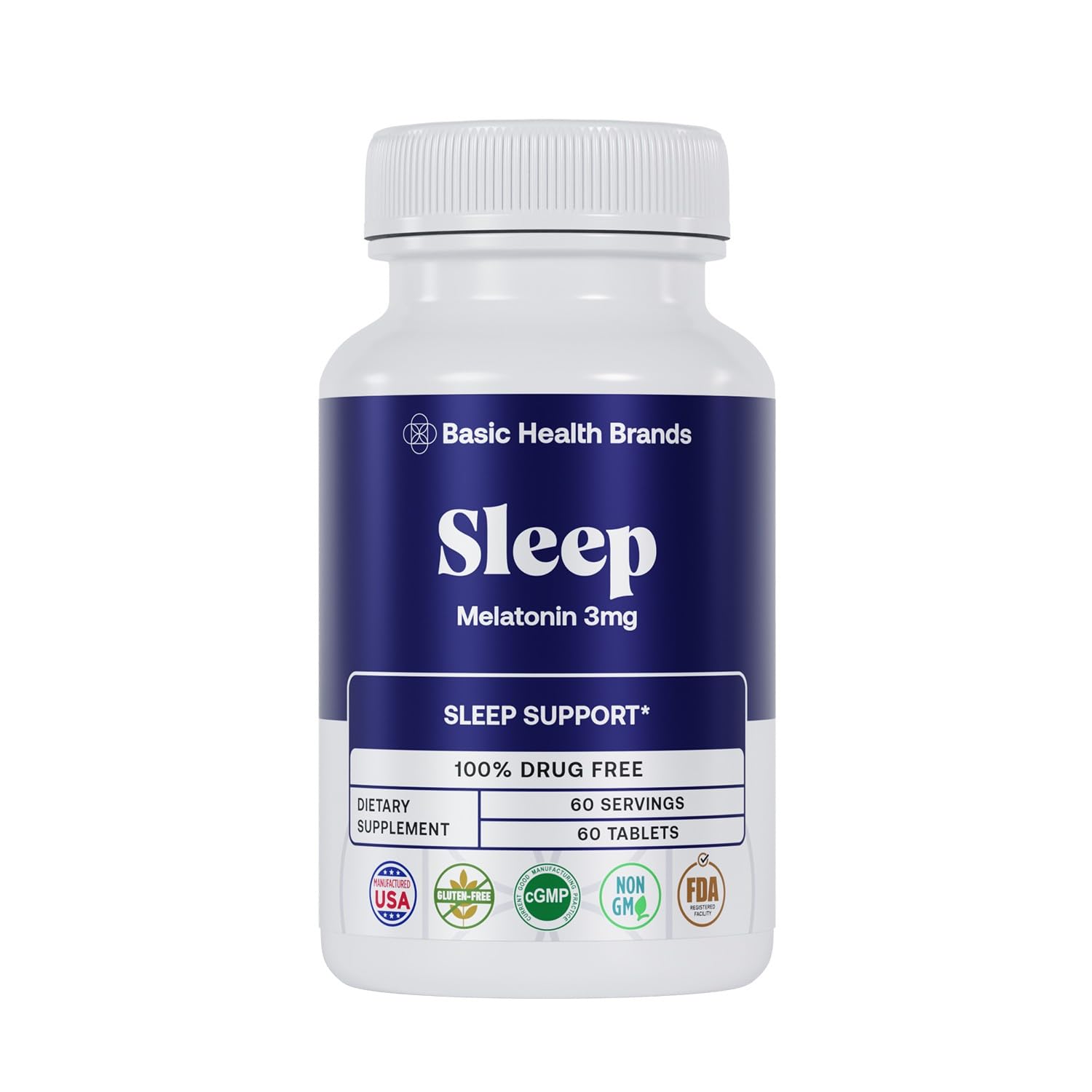 Basic Brands Sleep Mélatonine 3 mg, tablettes faciles à prendre pour un sommeil naturel.