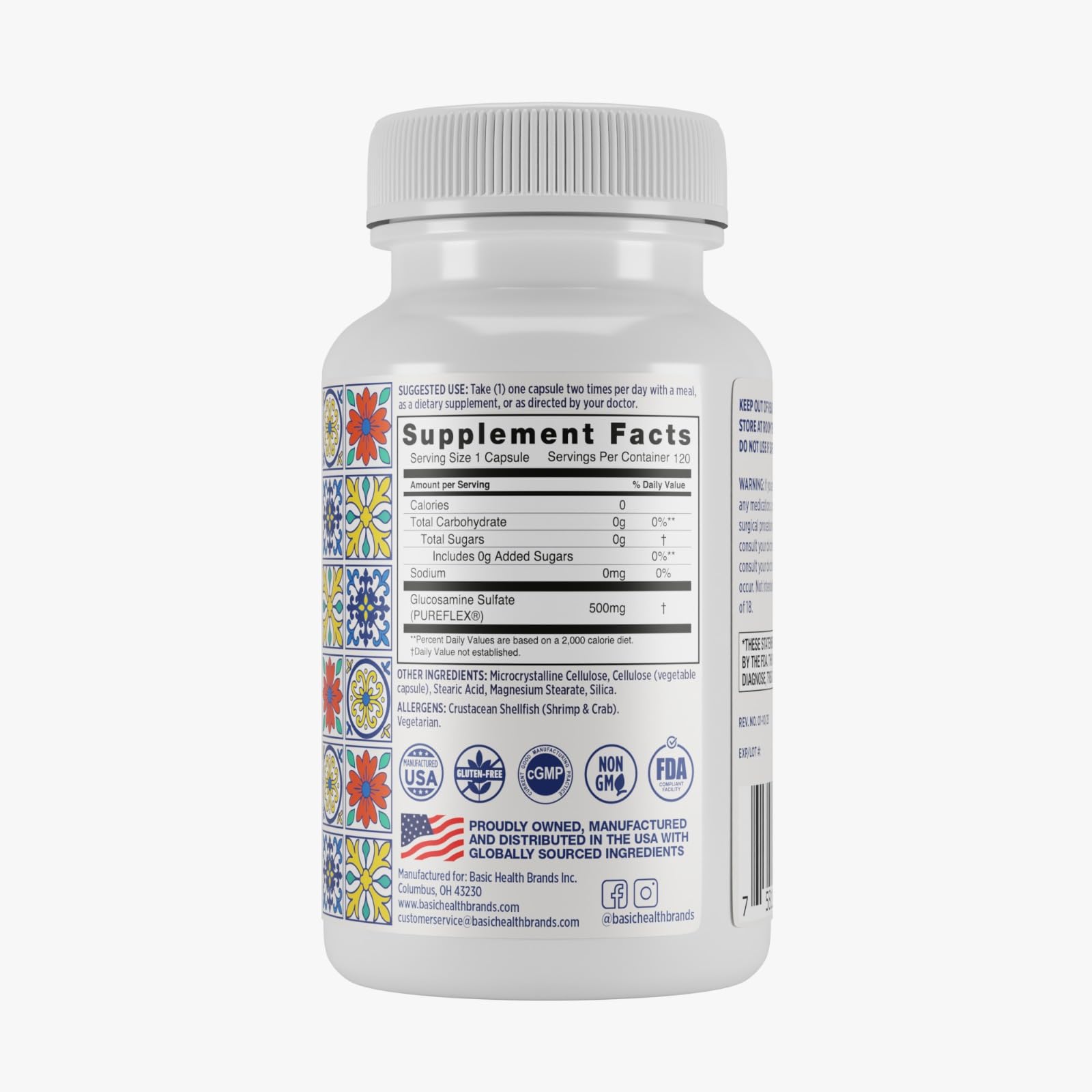 Pura Salud Pureflex Glucosamine Sulfate: emballage contenant 120 gélules et étiquette lisible.