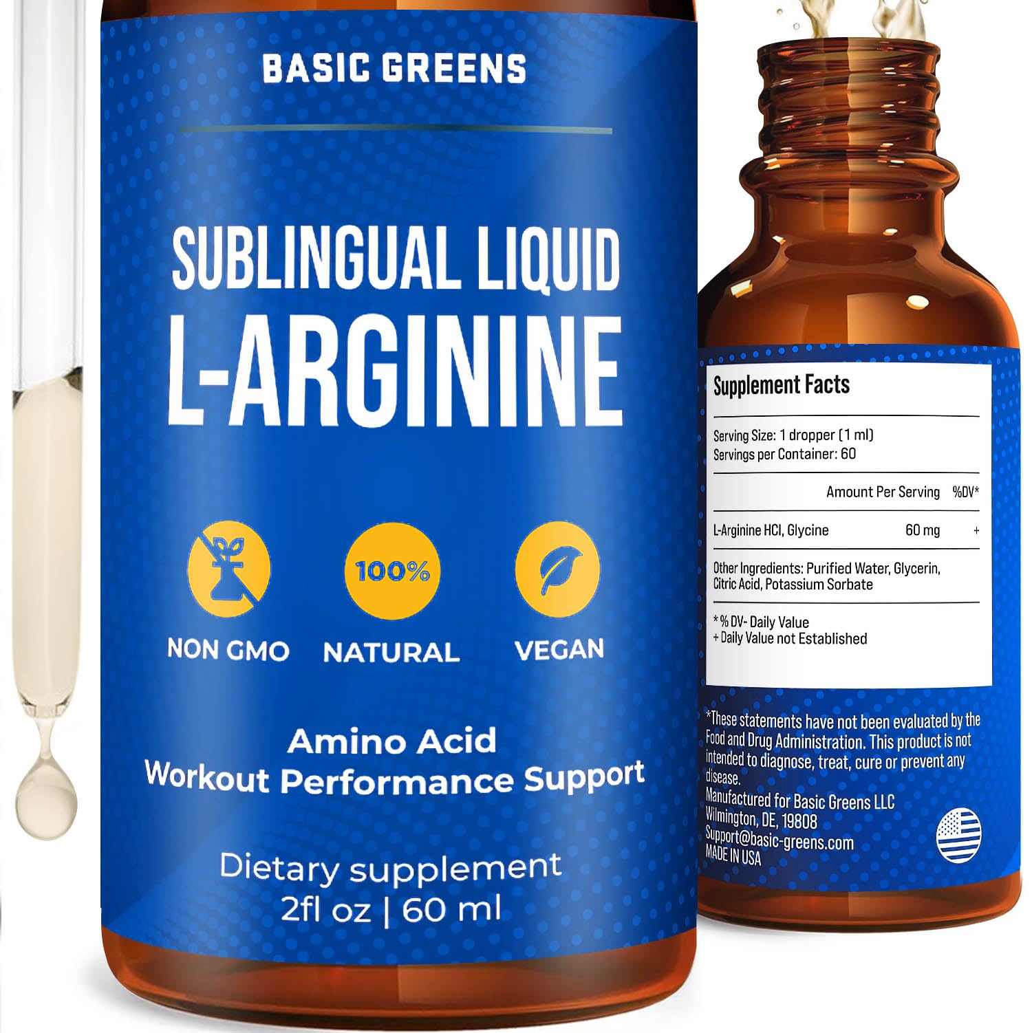 BASIC GREENS L-Arginine – bouteille liquide 2 oz, soutien potentiel à l'endurance et énergie