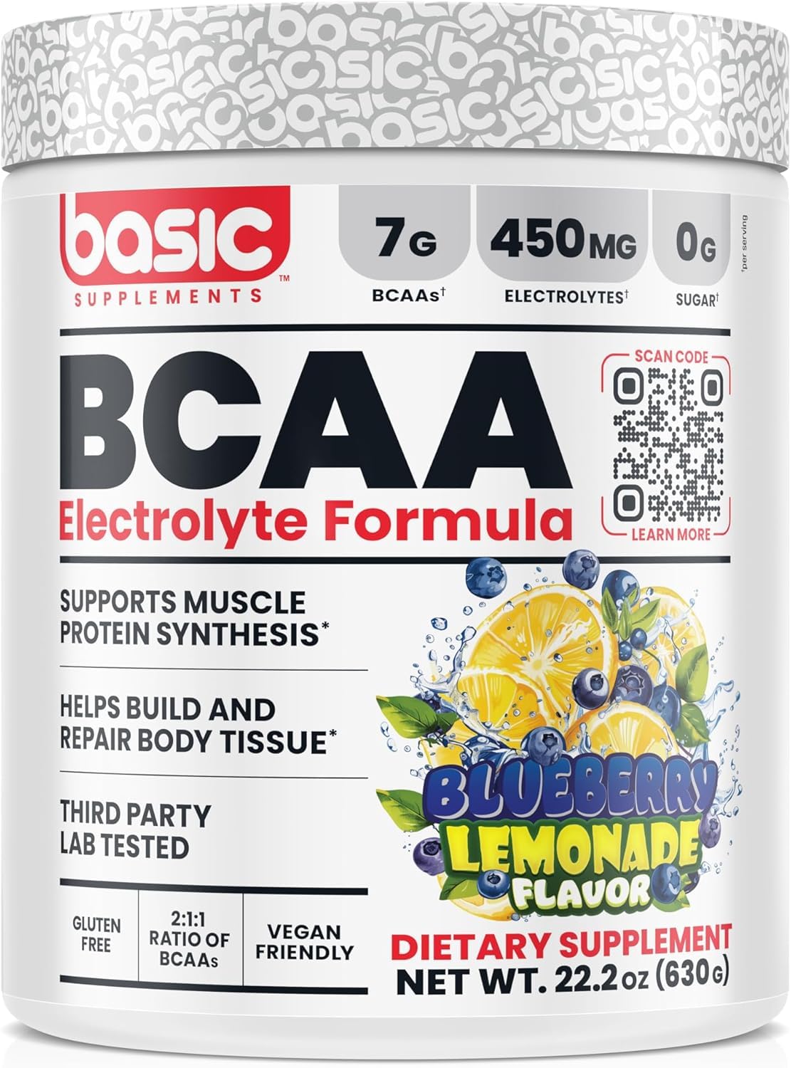 Basic Supplements BCAA poudre 7g, dose précise pour récupération musculaire potentielle.