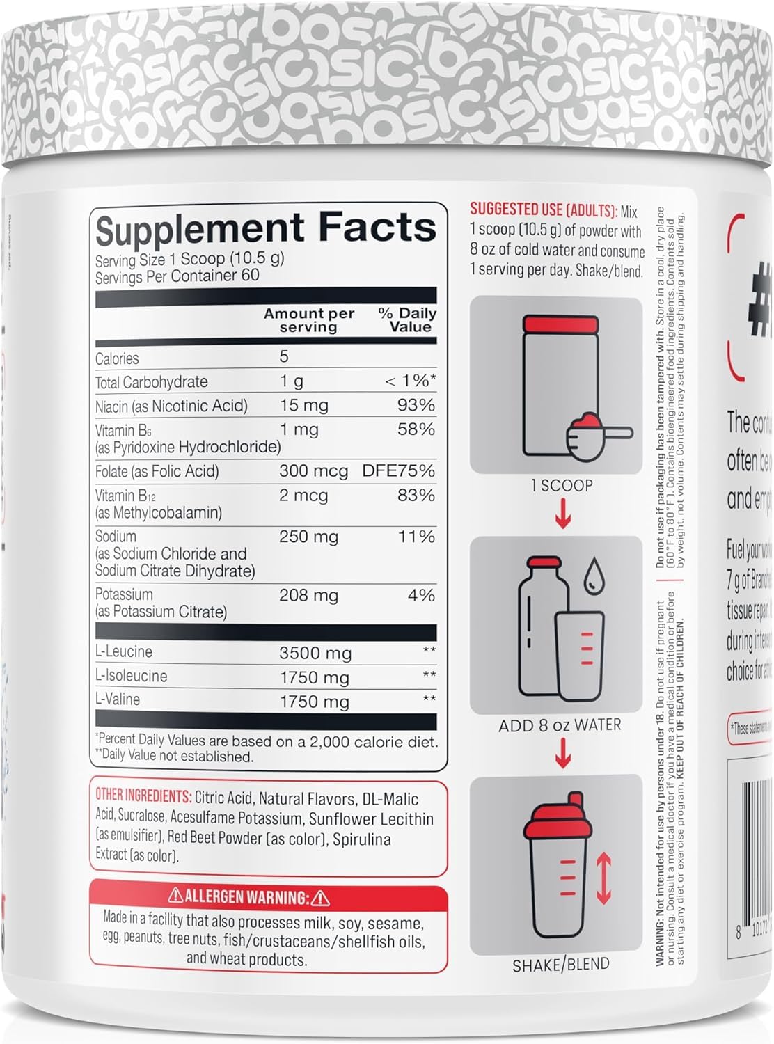 Basic Supplements BCAA poudre instantisée, dissolution rapide pendant l'entraînement.