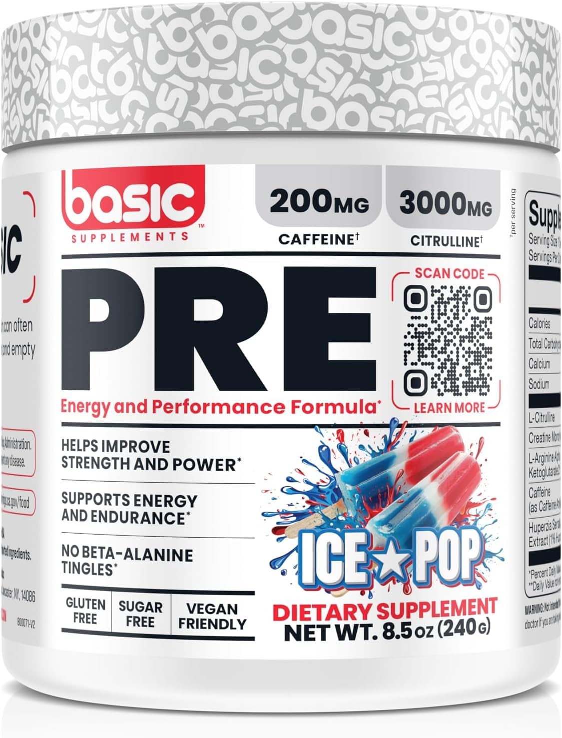 BASIC SUPPLEMENTS Pre-Workout, bouteille affichant caféine et citrulline pour énergie