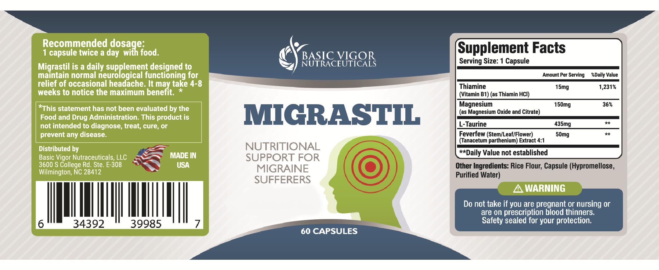 Basic Vigor Migrastil, boîte de 60 capsules pour environ un mois d'utilisation.
