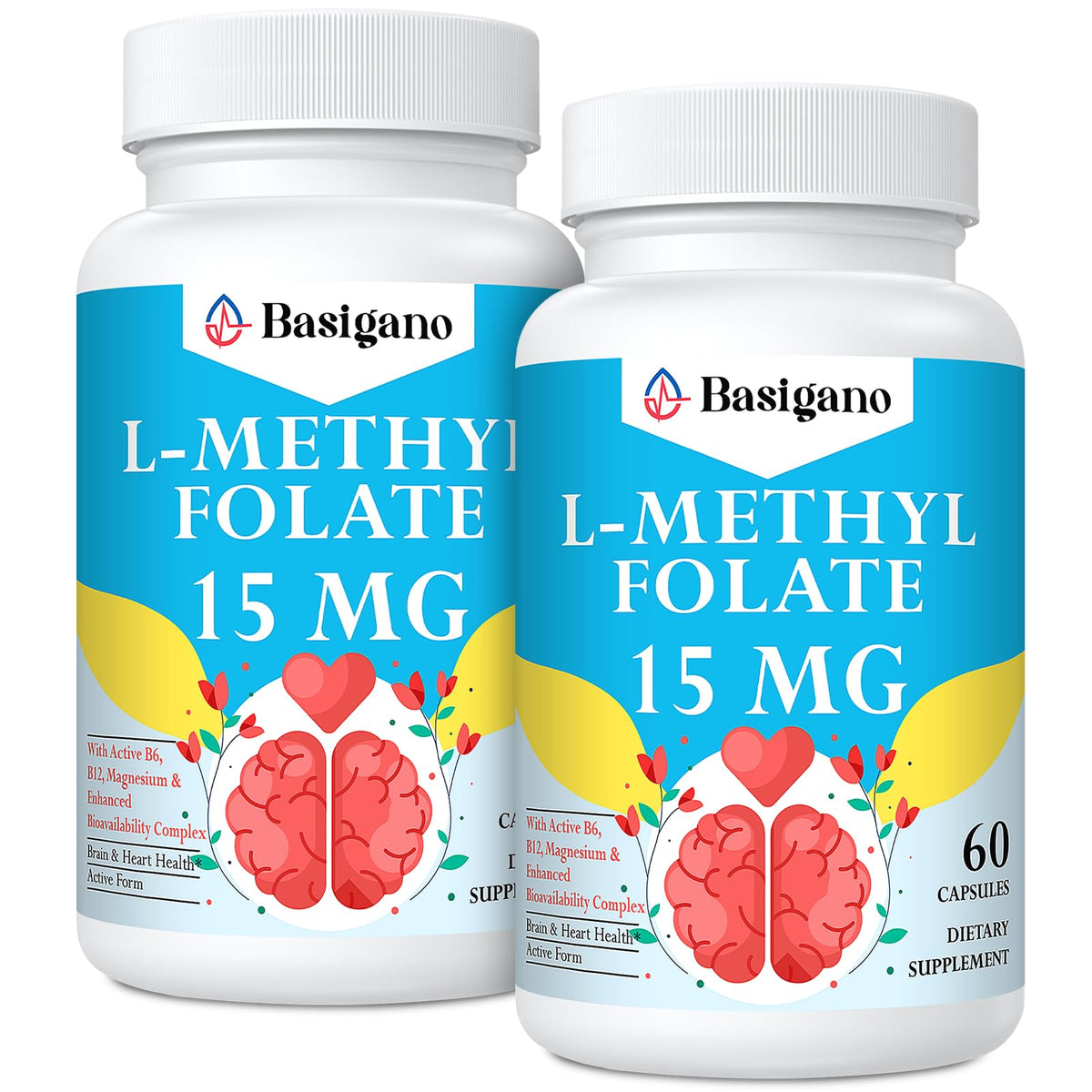Basigano : bouteille L-méthylfolate 15 mg pour le bien-être quotidien.