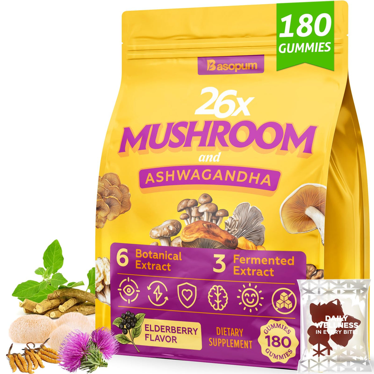 Basopum gommes champignons 4000mg – bouteille prête à l'emploi pour la concentration quotidienne.
