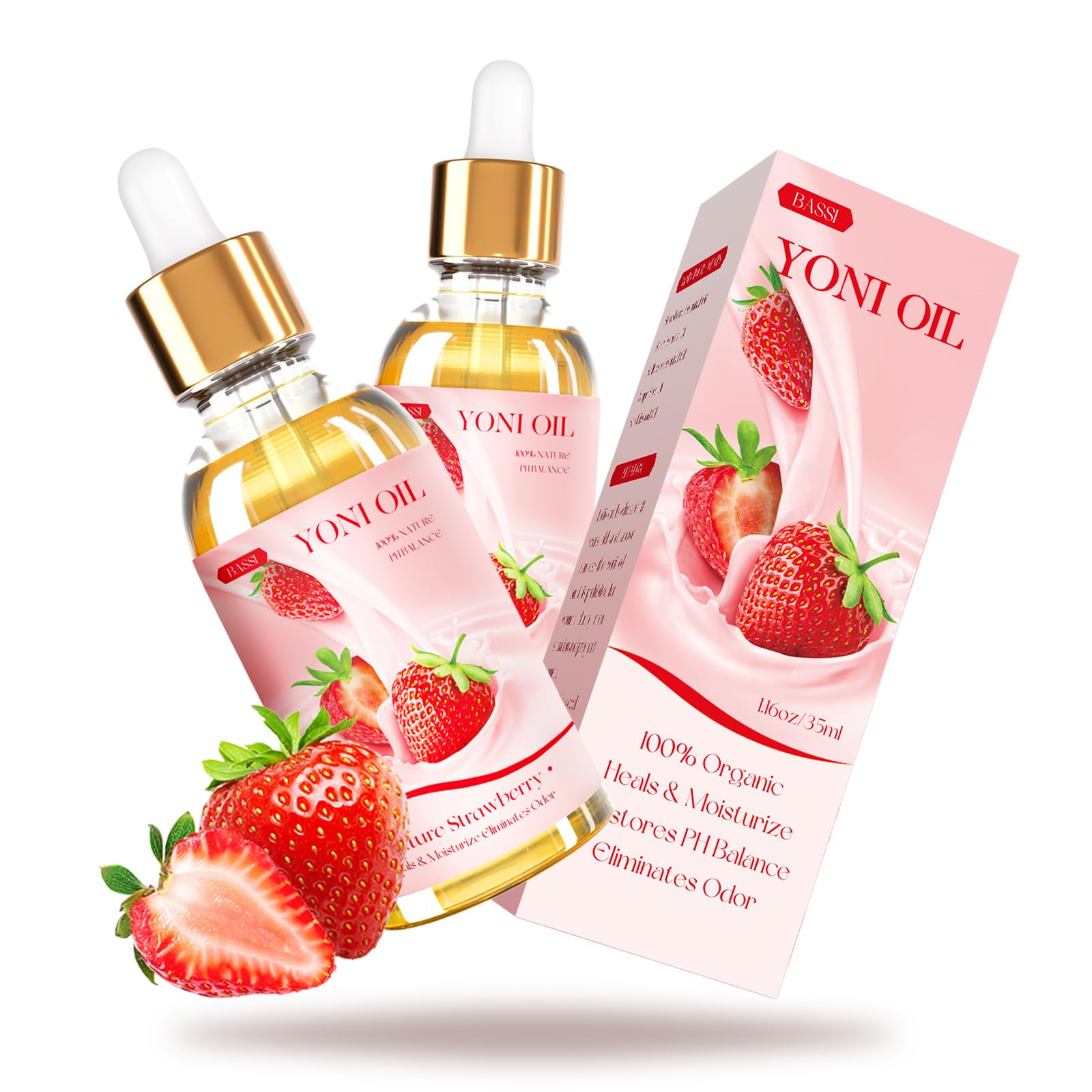 Huile yoni BASSI fraise fraîche, flacon élégant pour hydratation intime.