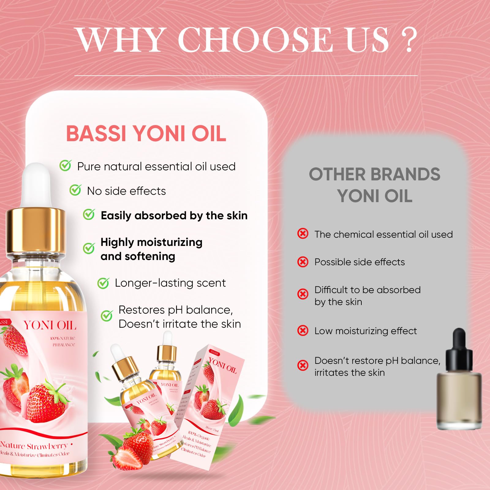 BASSI huile yoni fraise, soin respectueux du pH et hydratation durable.