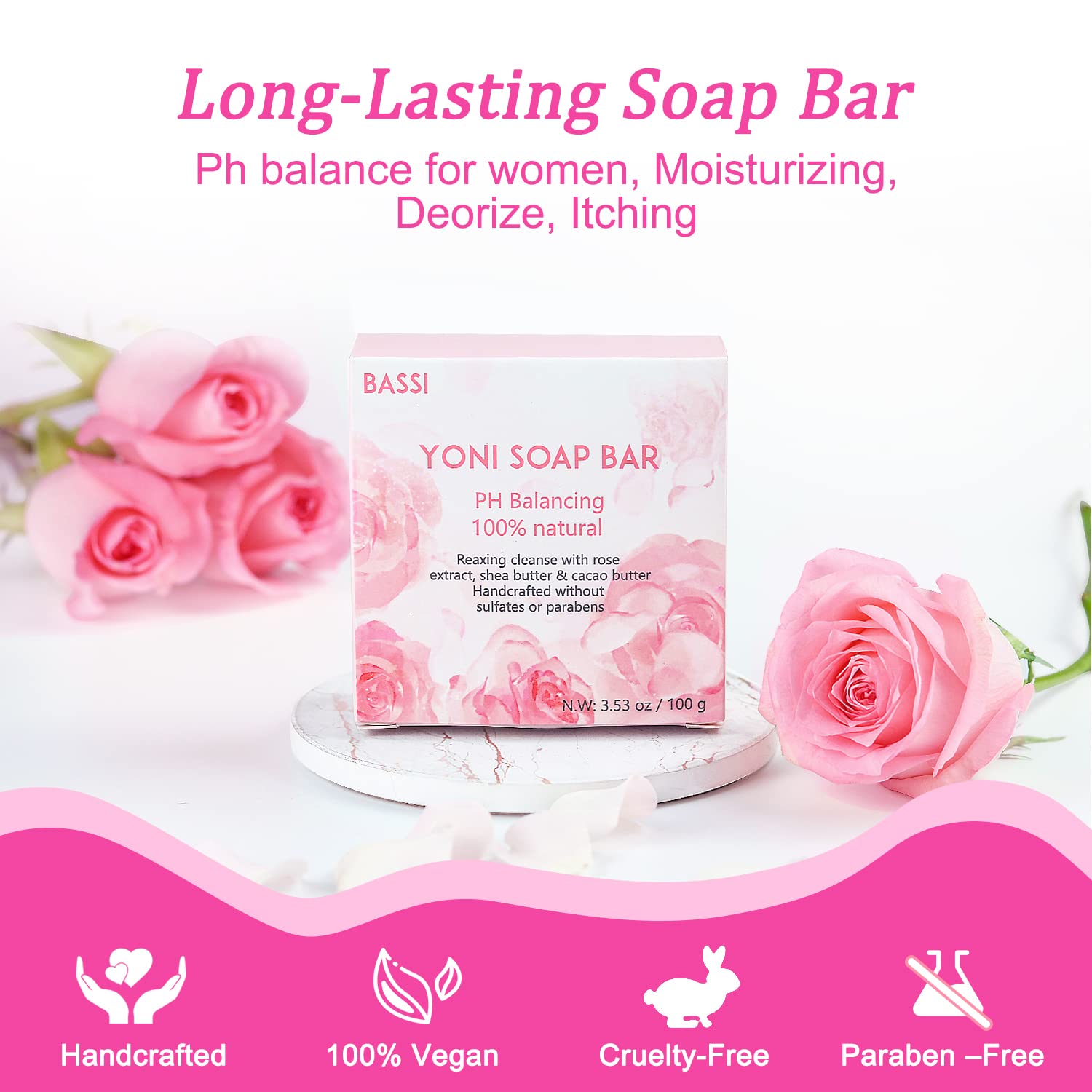 Savon Yoni BASSI à la rose, parfum doux et apaisant.