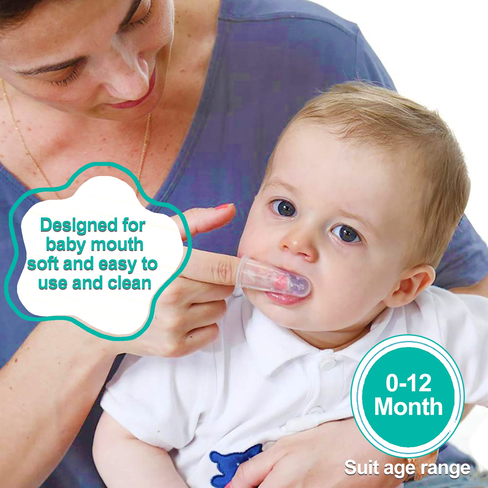 Bassion brosse-doigt bébé, ajustement facile sur doigt pour un soin délicat.