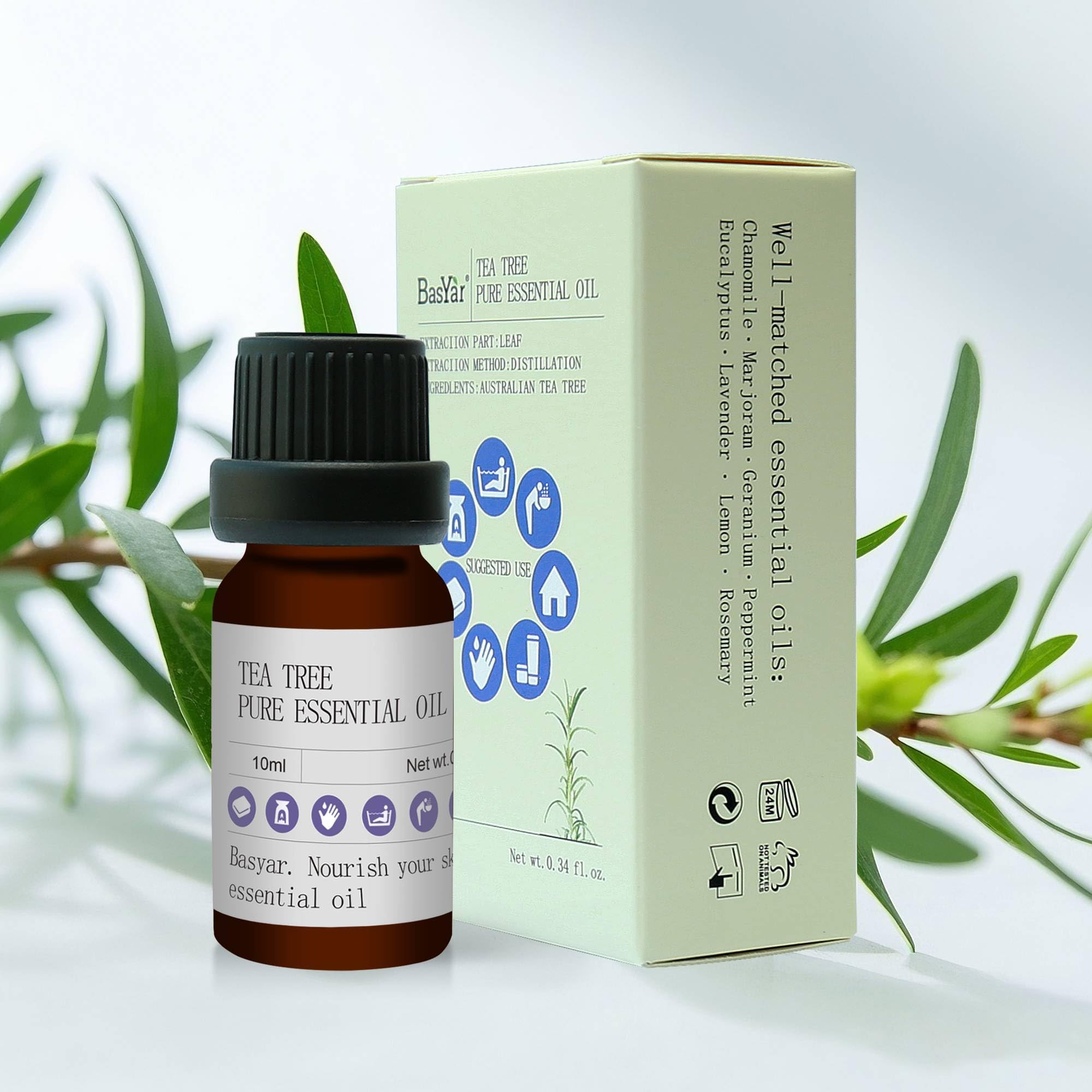 Basyar huile arbre-a-the – bouteille ambrée 10ml pour un soin ciblé de la peau.