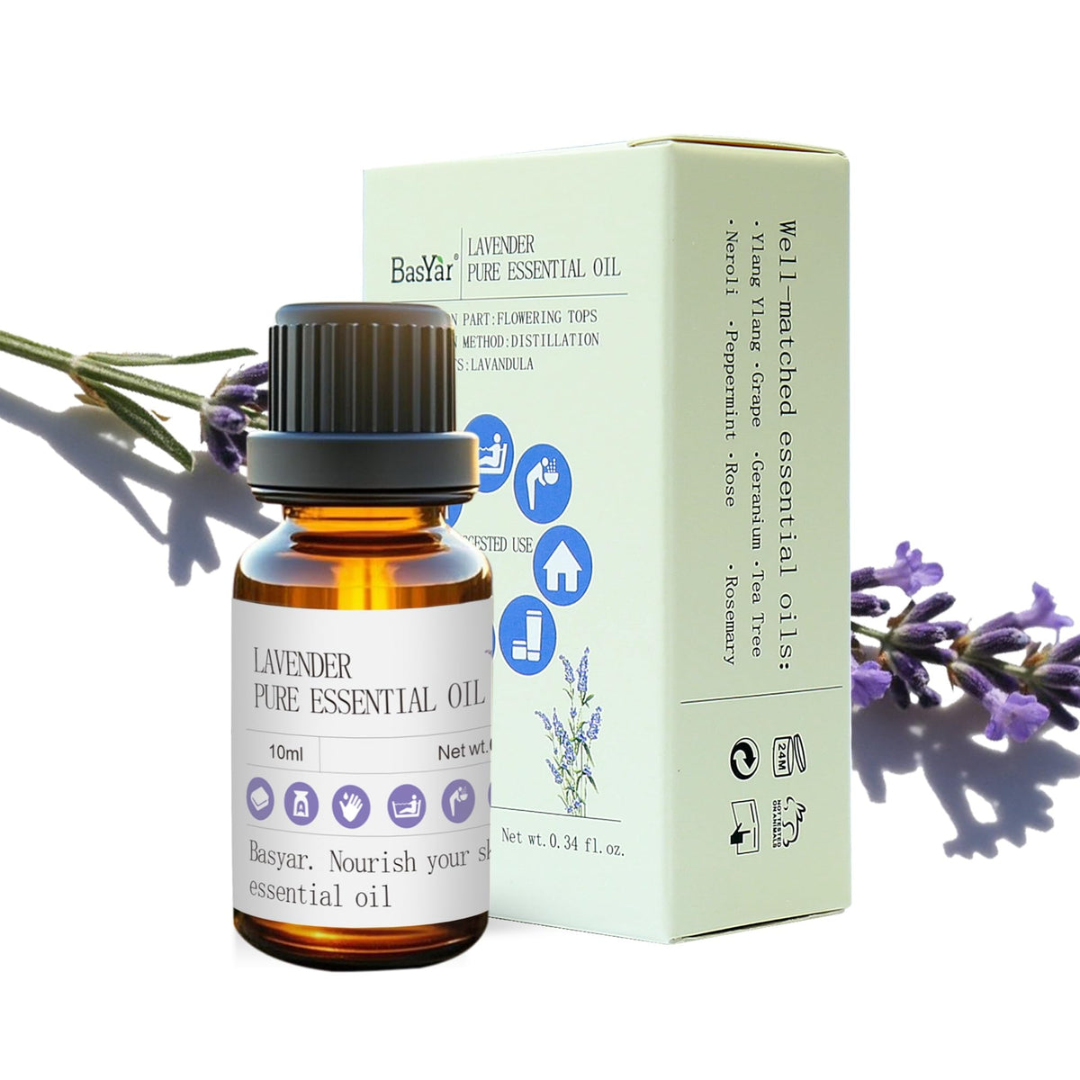 BasYar Pure Lavande — flacon ambré de 10 ml prêt pour diffusion aromatique.